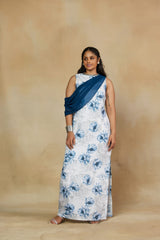 Tempting White and Blue Floral Print Statement Gown