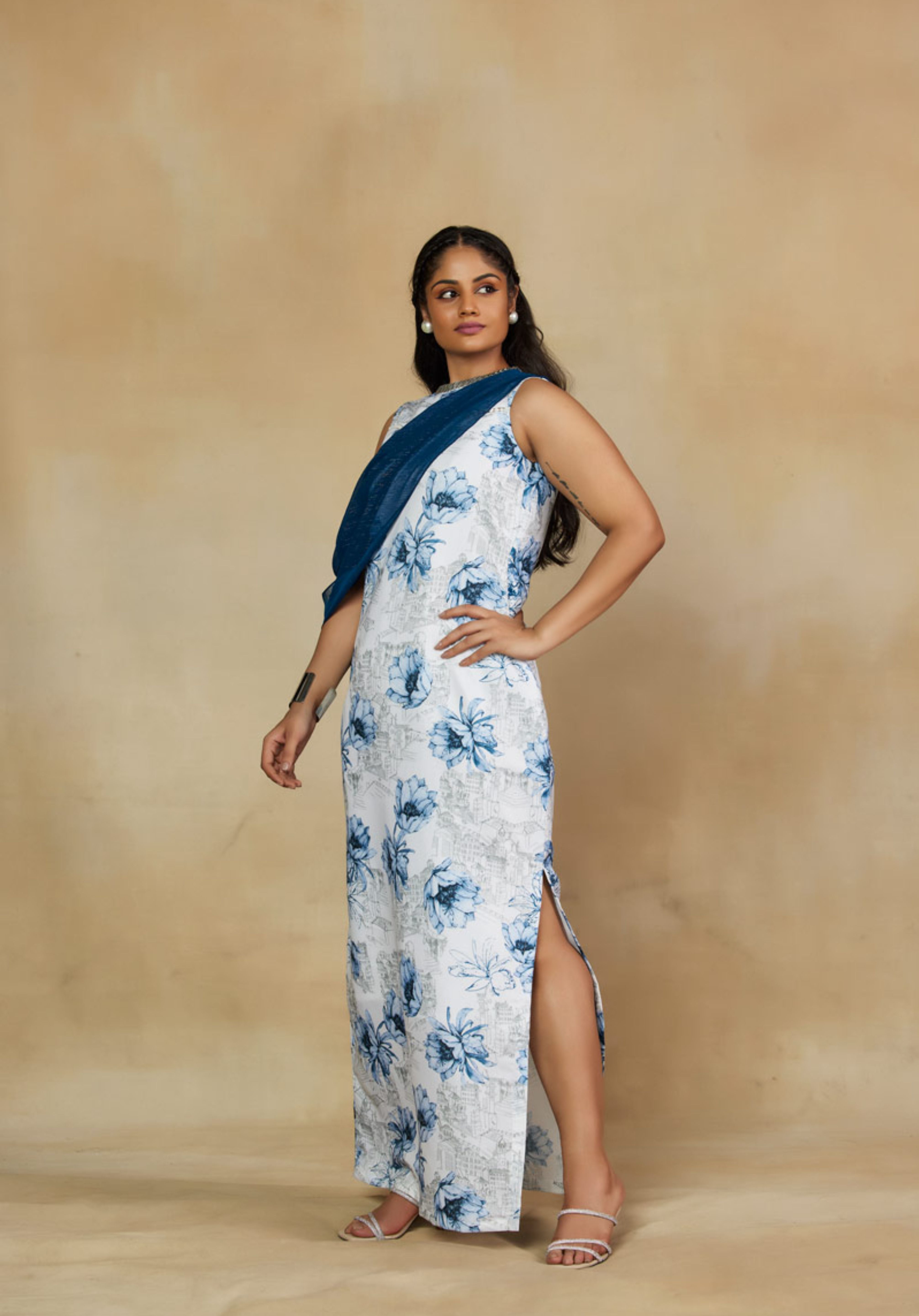 Tempting White and Blue Floral Print Statement Gown