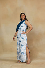 Tempting White and Blue Floral Print Statement Gown