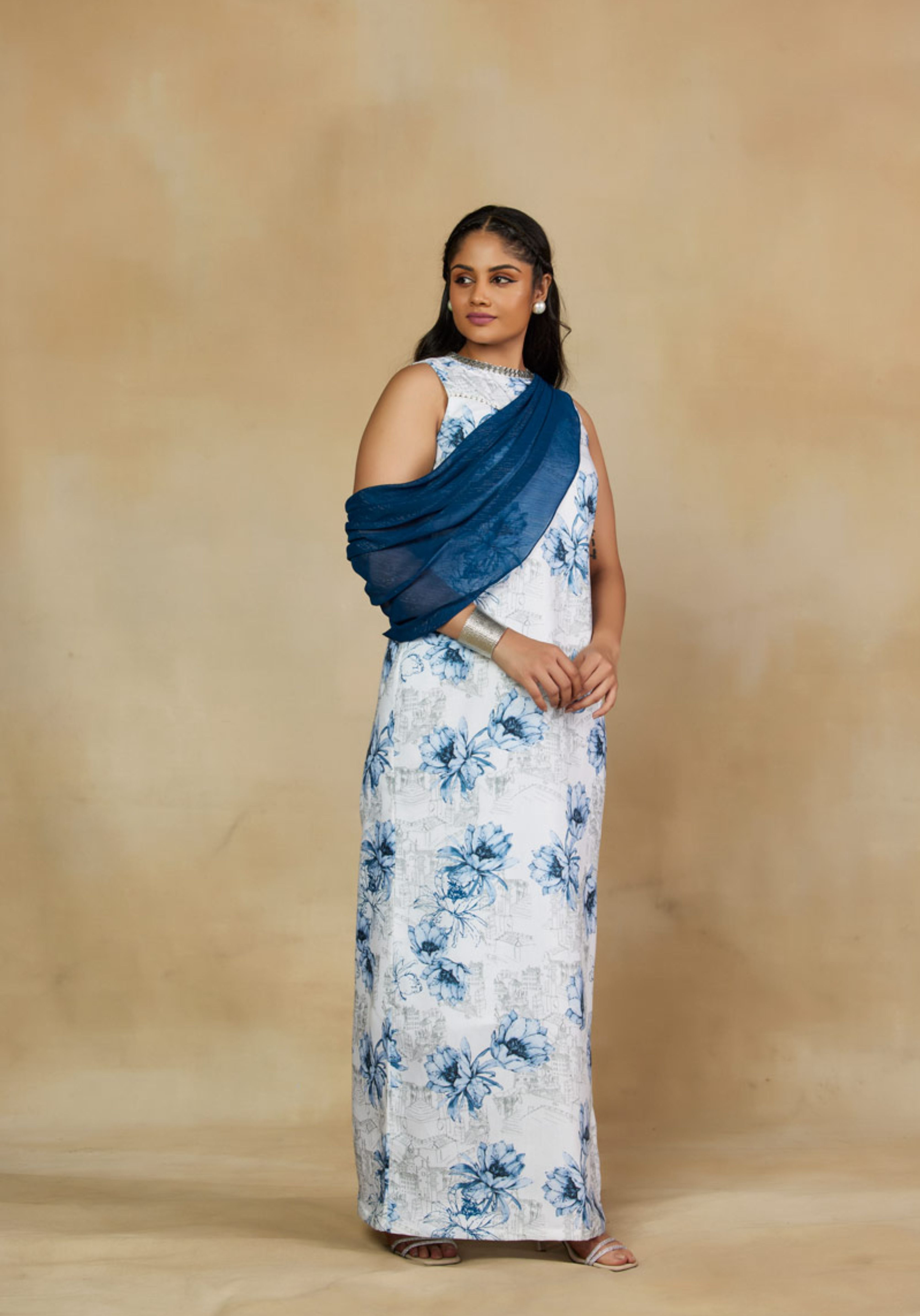 Tempting White and Blue Floral Print Statement Gown