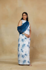 Tempting White and Blue Floral Print Statement Gown