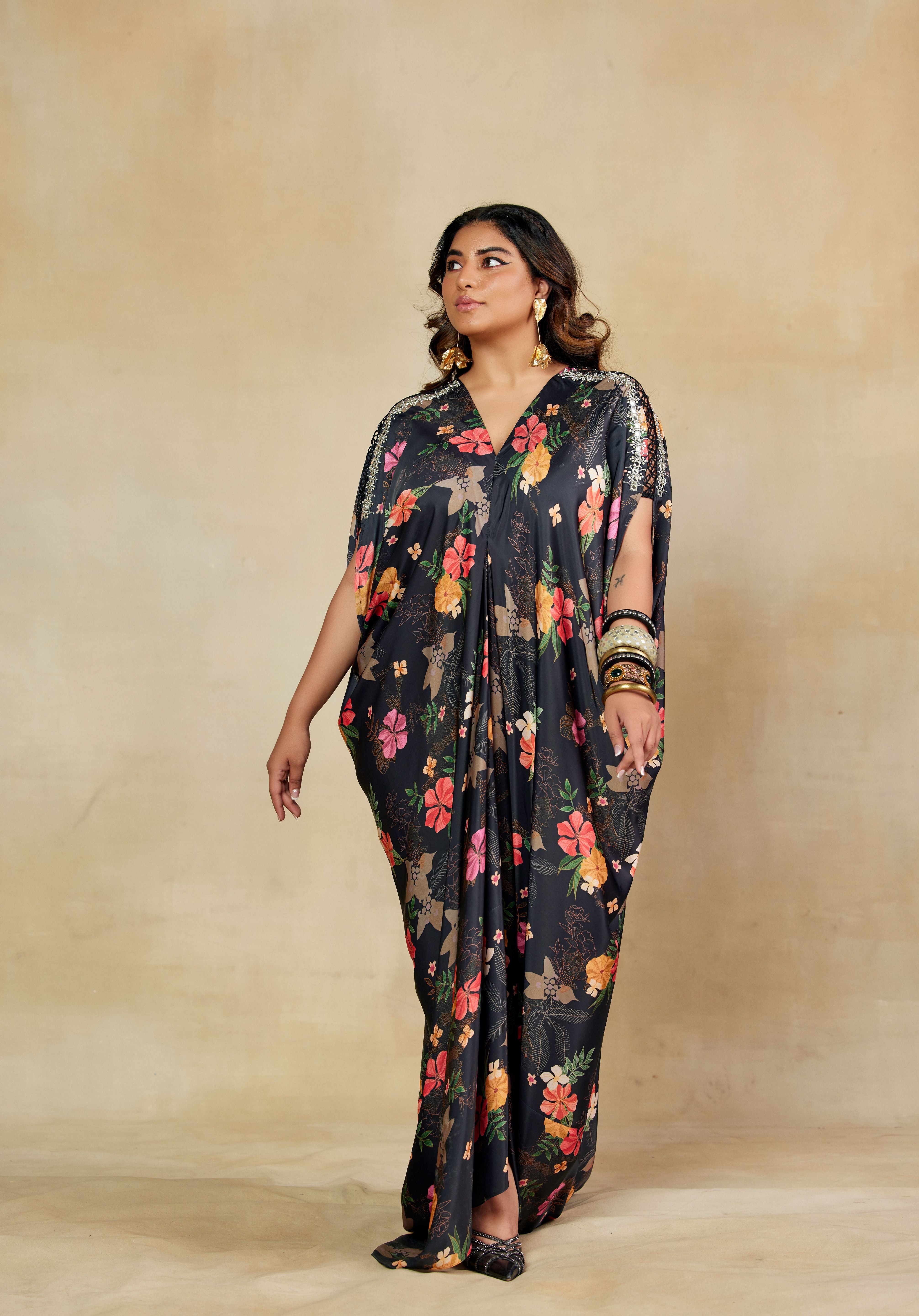 Regal Black Printed Kaftan Dress with Embroidery