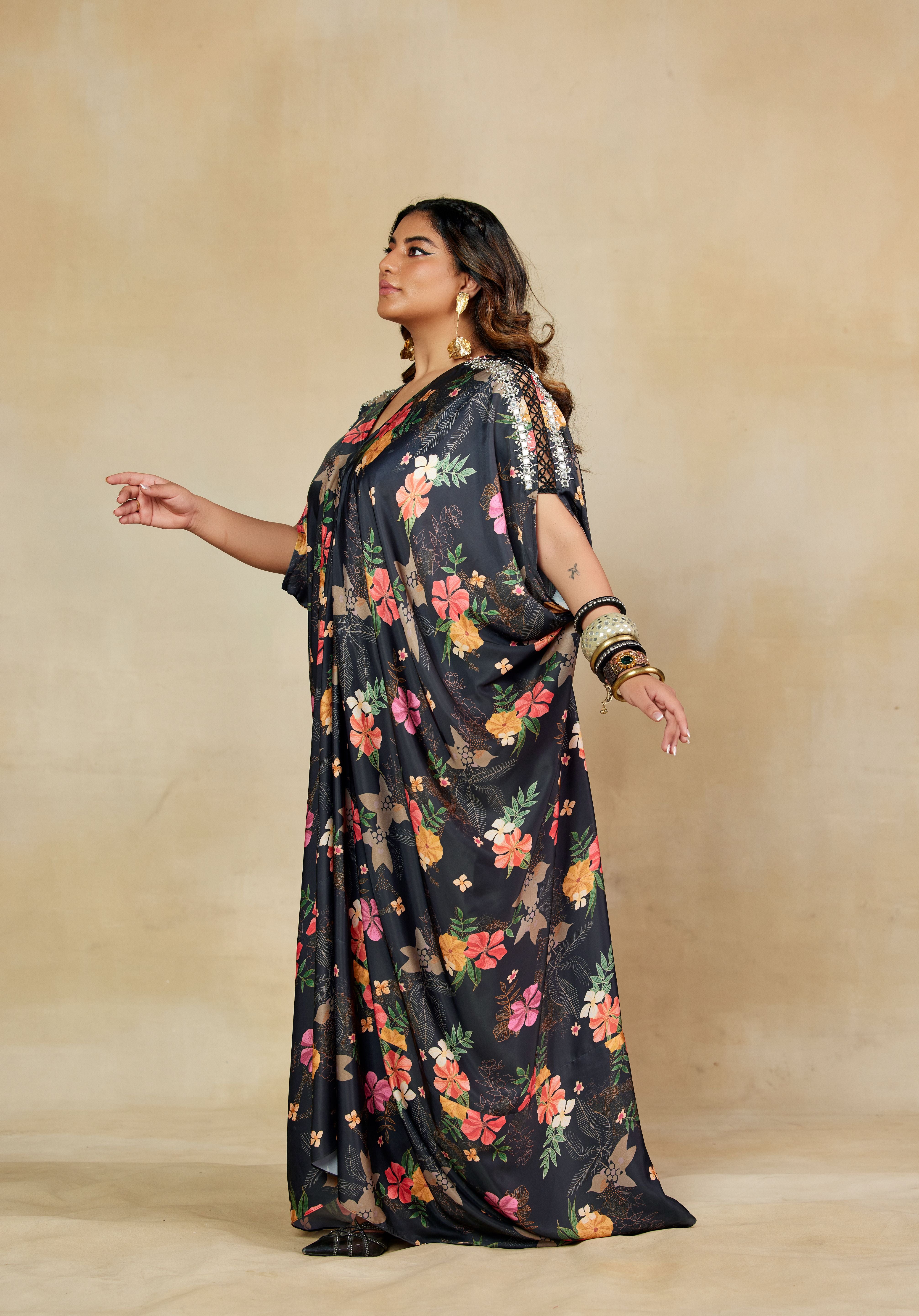 Regal Black Printed Kaftan Dress with Embroidery