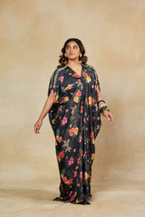 Regal Black Printed Kaftan Dress with Embroidery