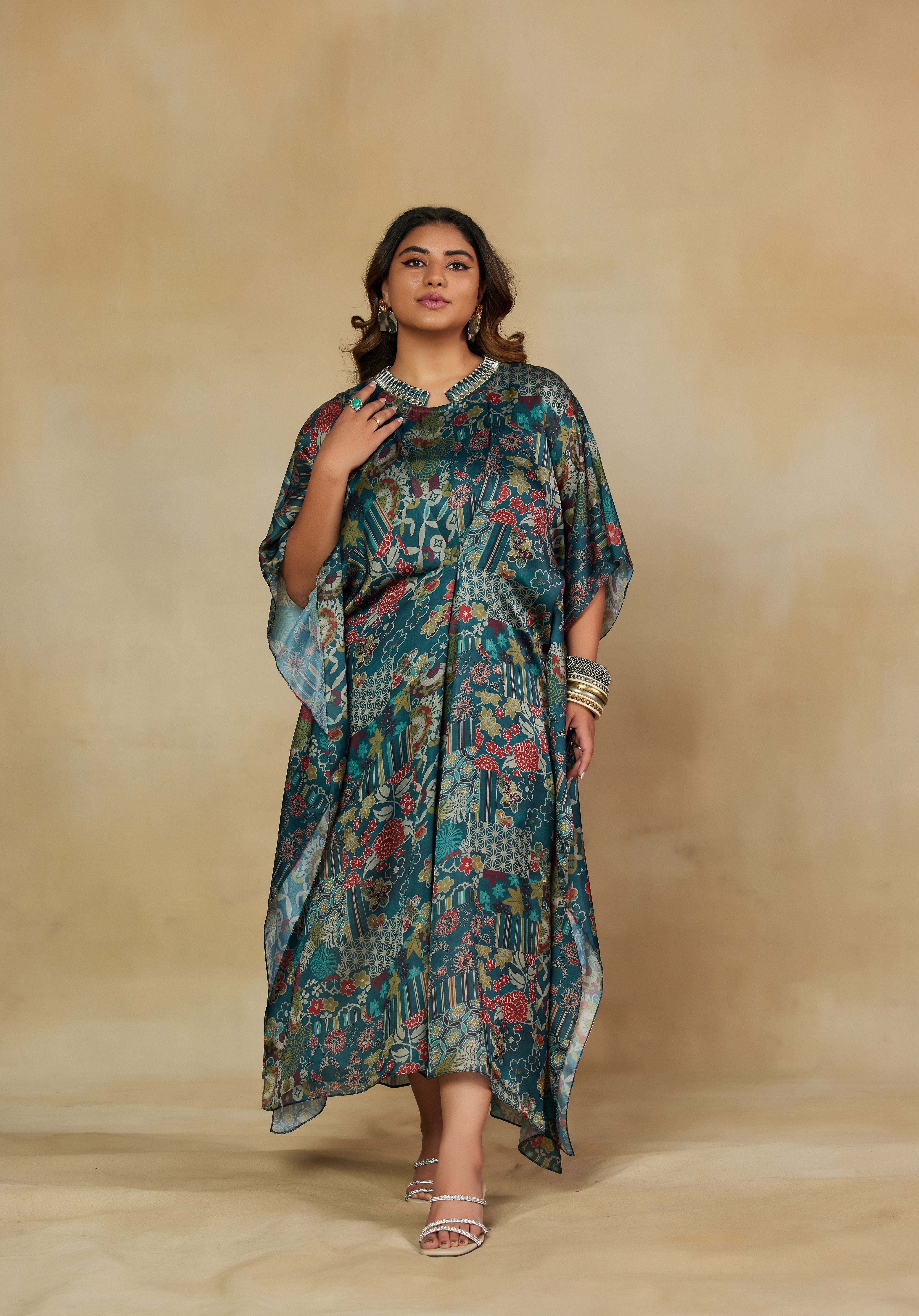 Majestic Green Abstract Print Kaftan Dress