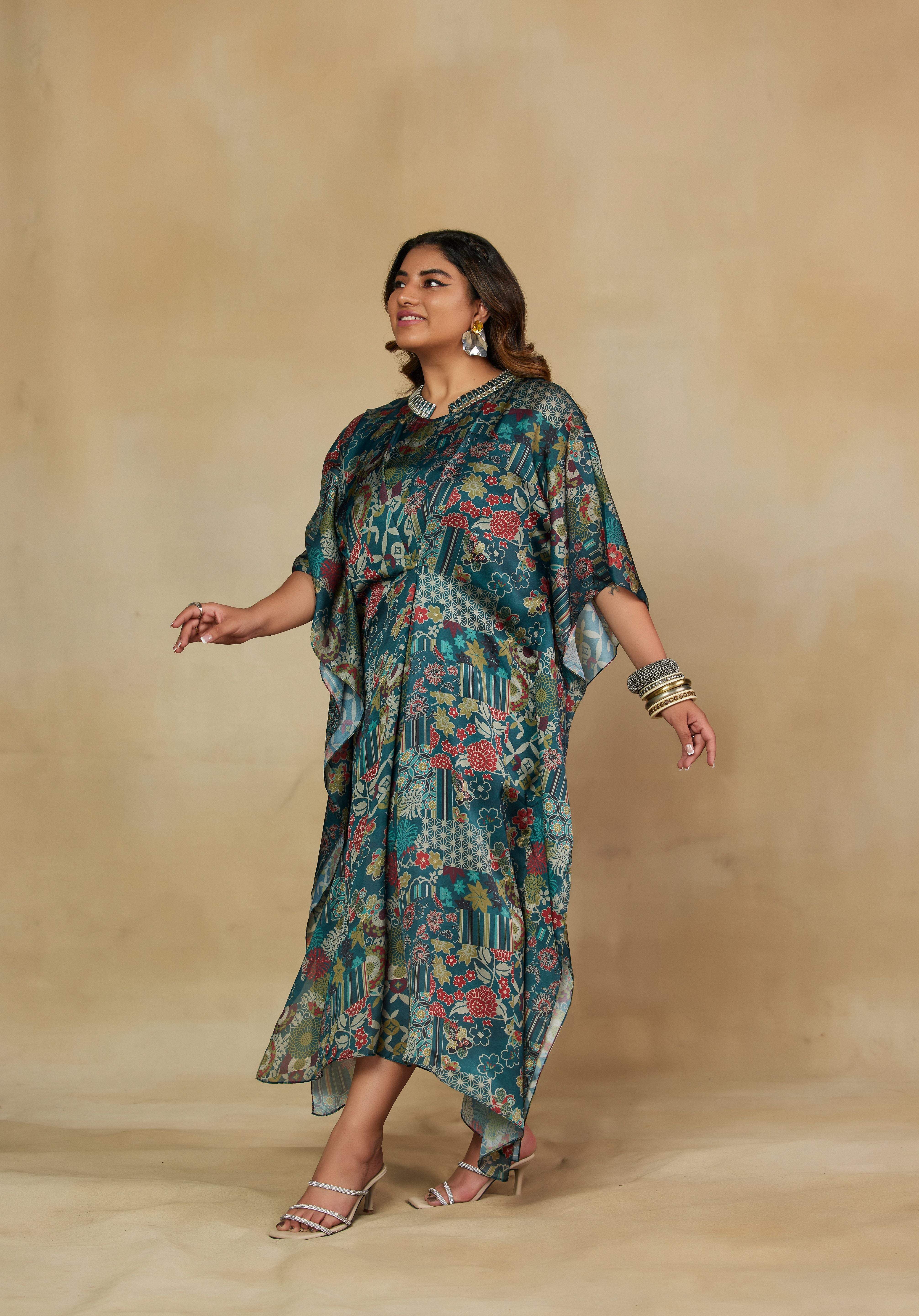 Majestic Green Abstract Print Kaftan Dress