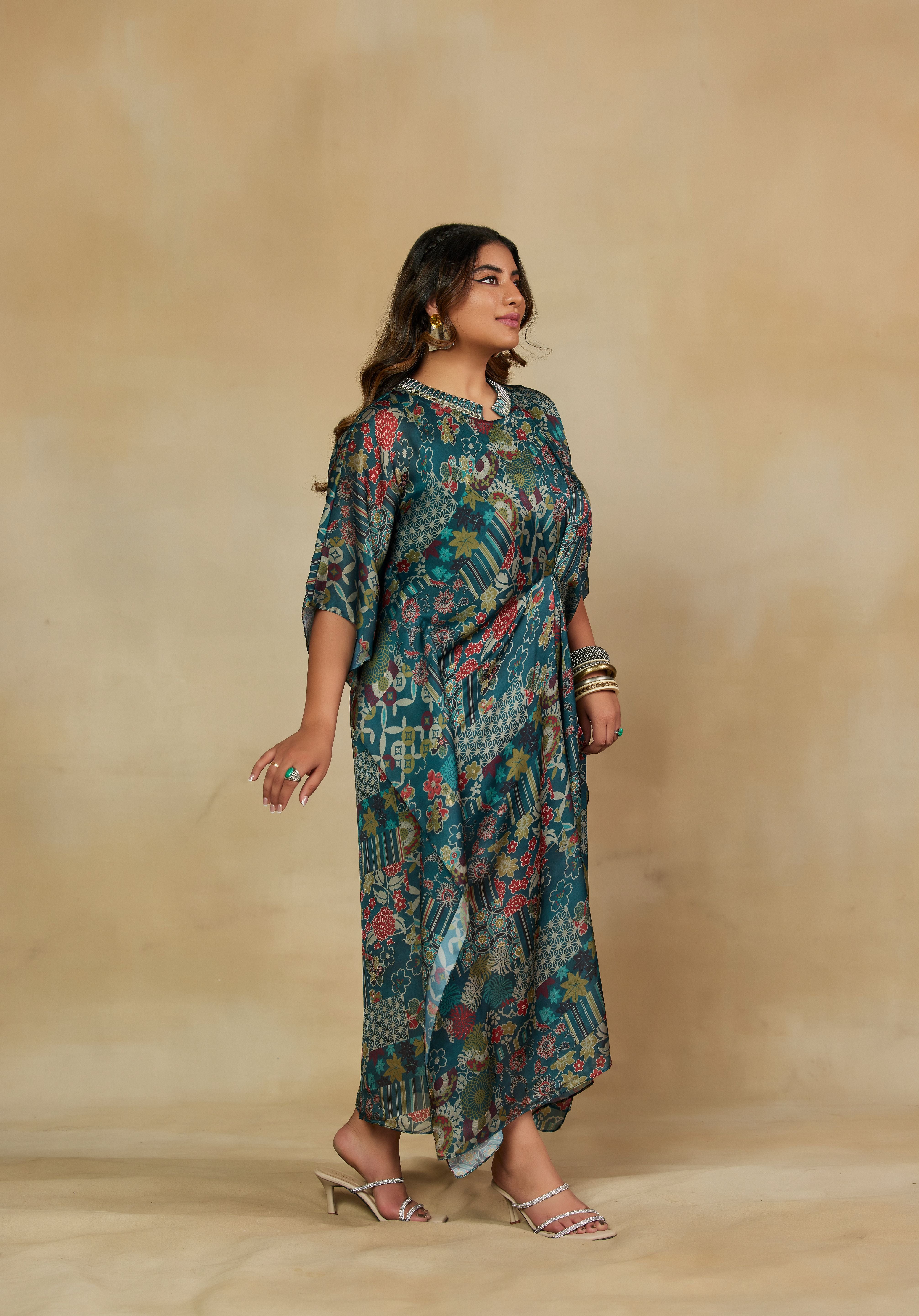 Majestic Green Abstract Print Kaftan Dress
