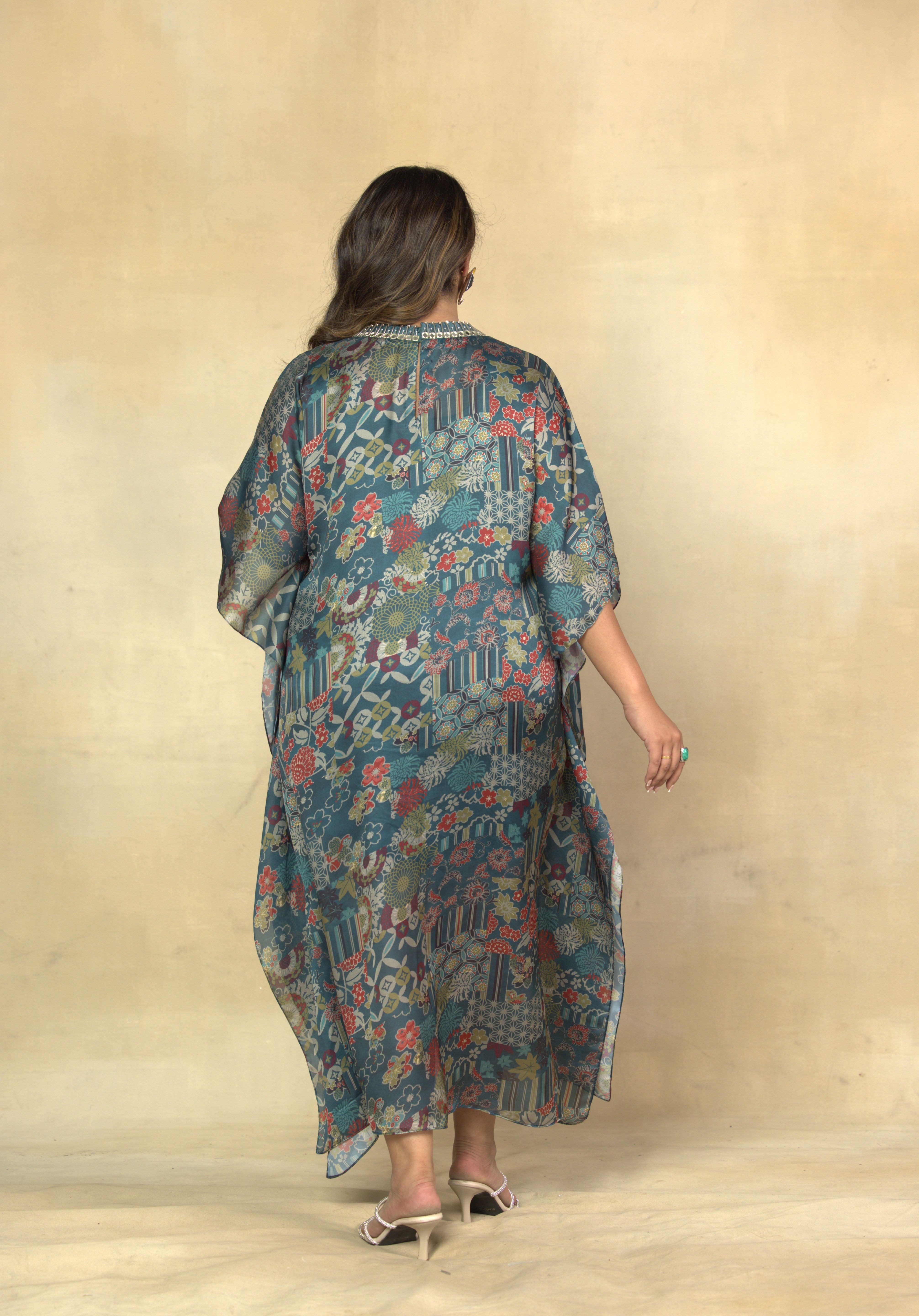 Majestic Green Abstract Print Kaftan Dress