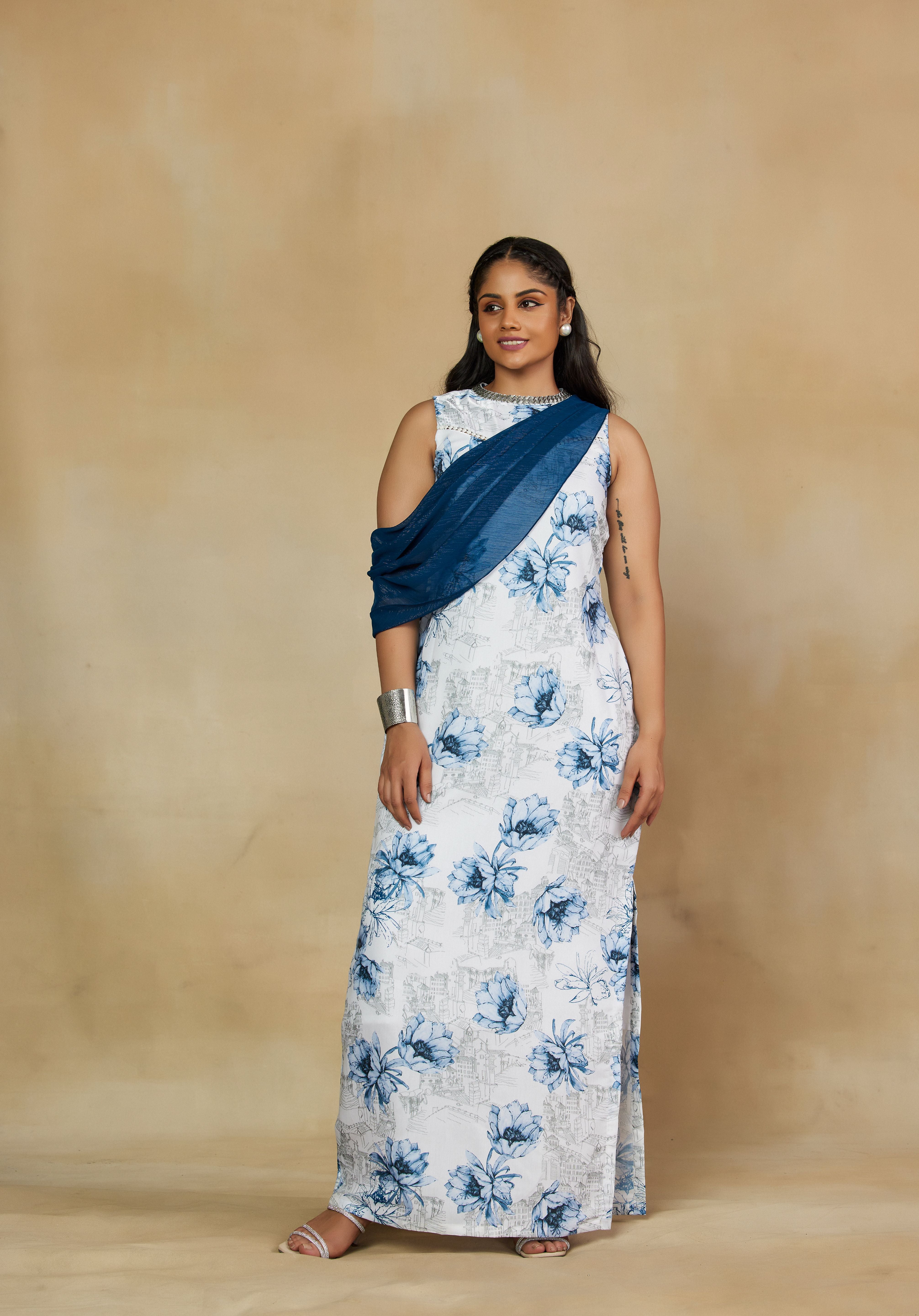 Tempting White and Blue Floral Print Statement Gown