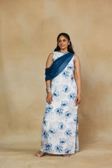 Tempting White and Blue Floral Print Statement Gown