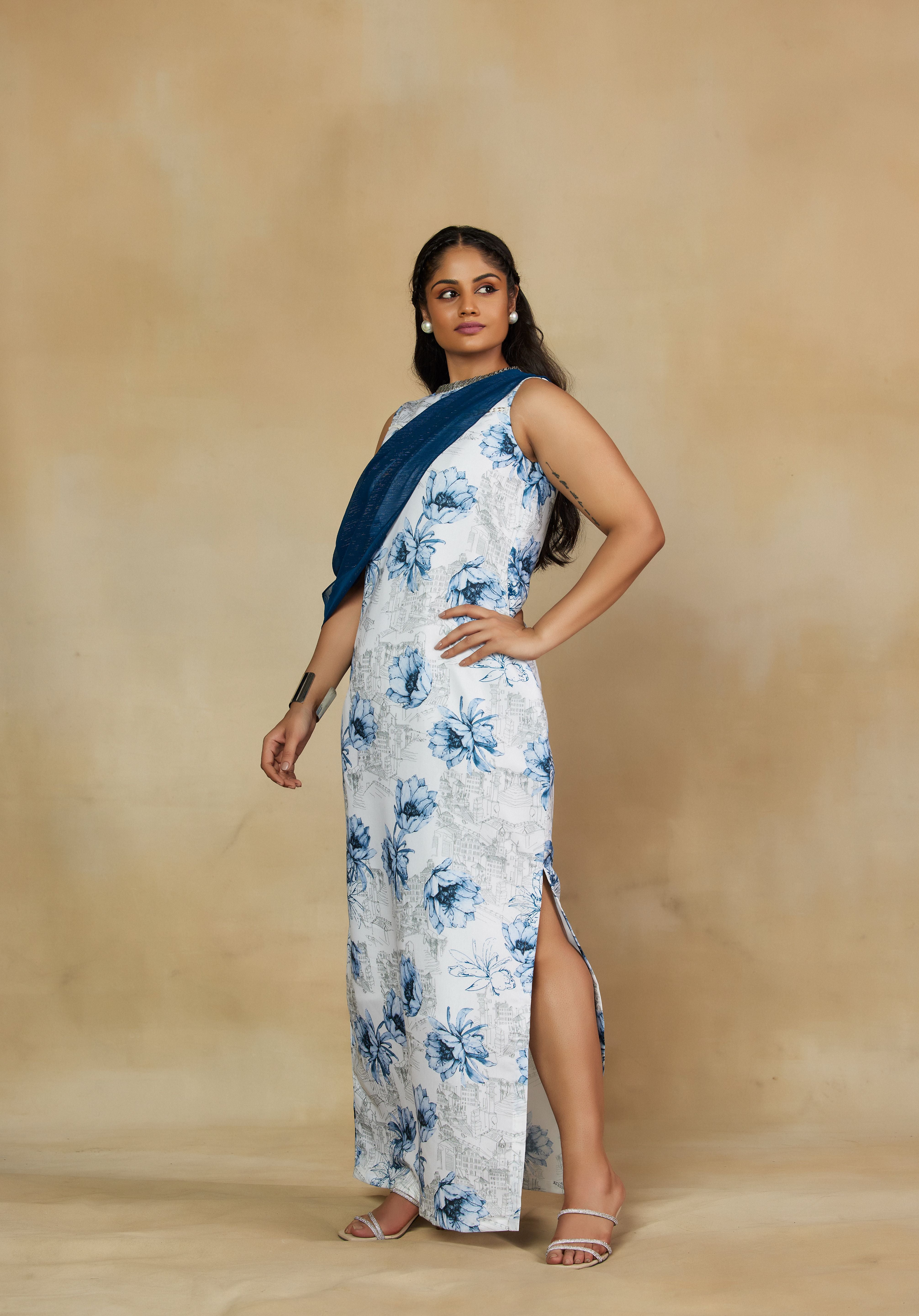 Tempting White and Blue Floral Print Statement Gown