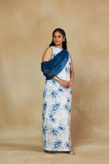 Tempting White and Blue Floral Print Statement Gown