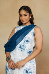 Tempting White and Blue Floral Print Statement Gown