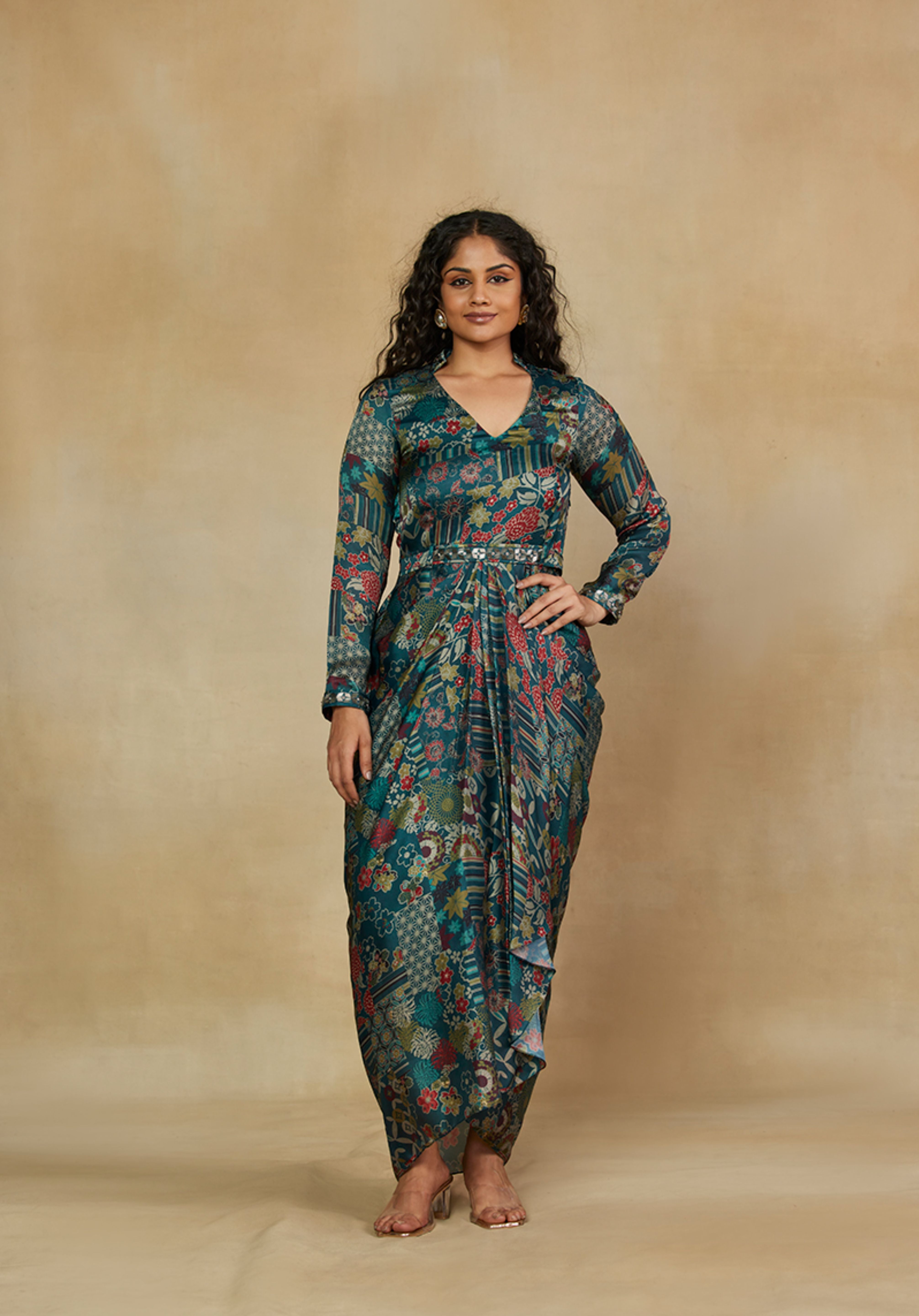 Mesmerising Green Printed Ankle Length Dress