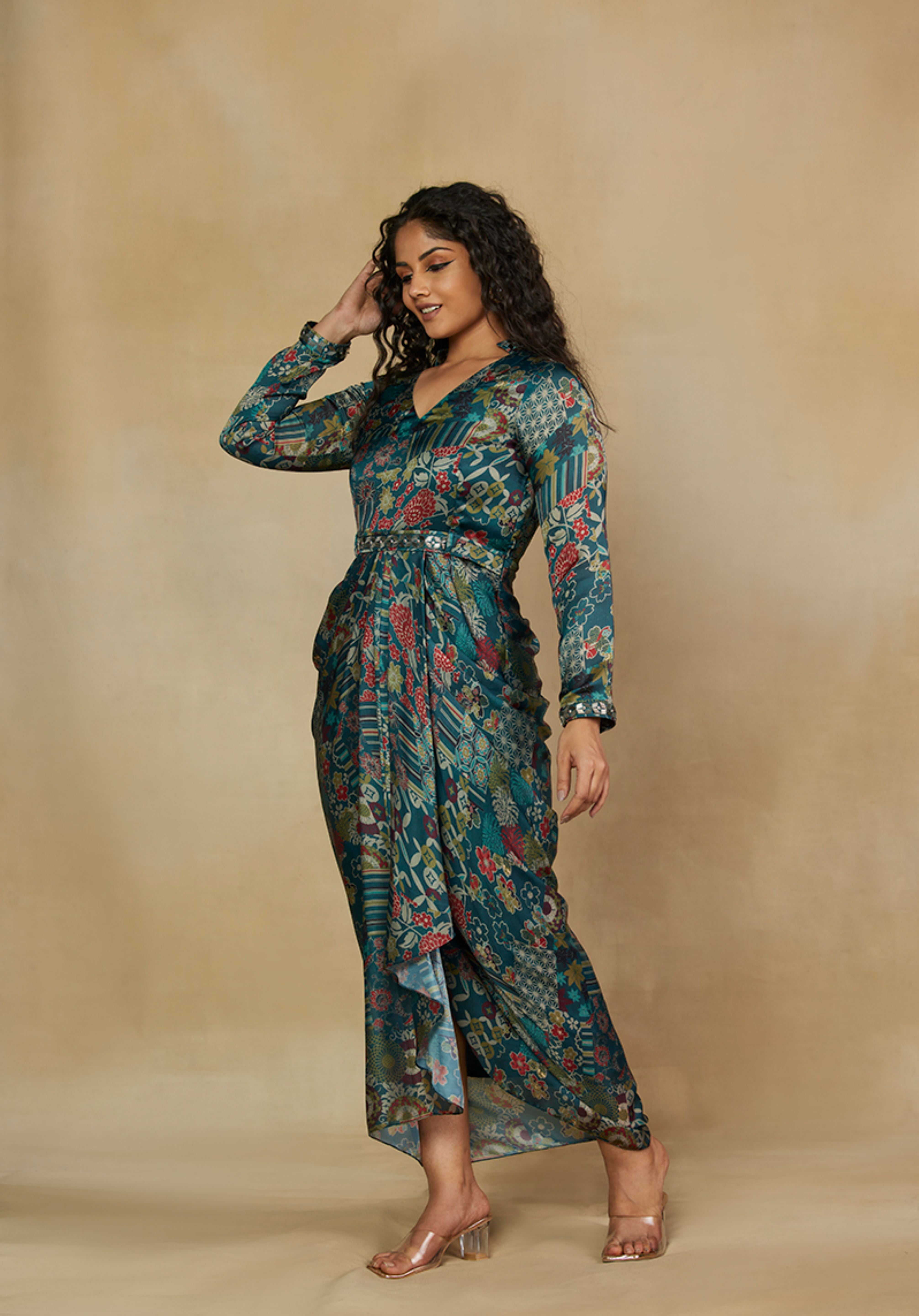 Mesmerising Green Printed Ankle Length Dress