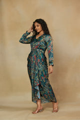 Mesmerising Green Printed Ankle Length Dress