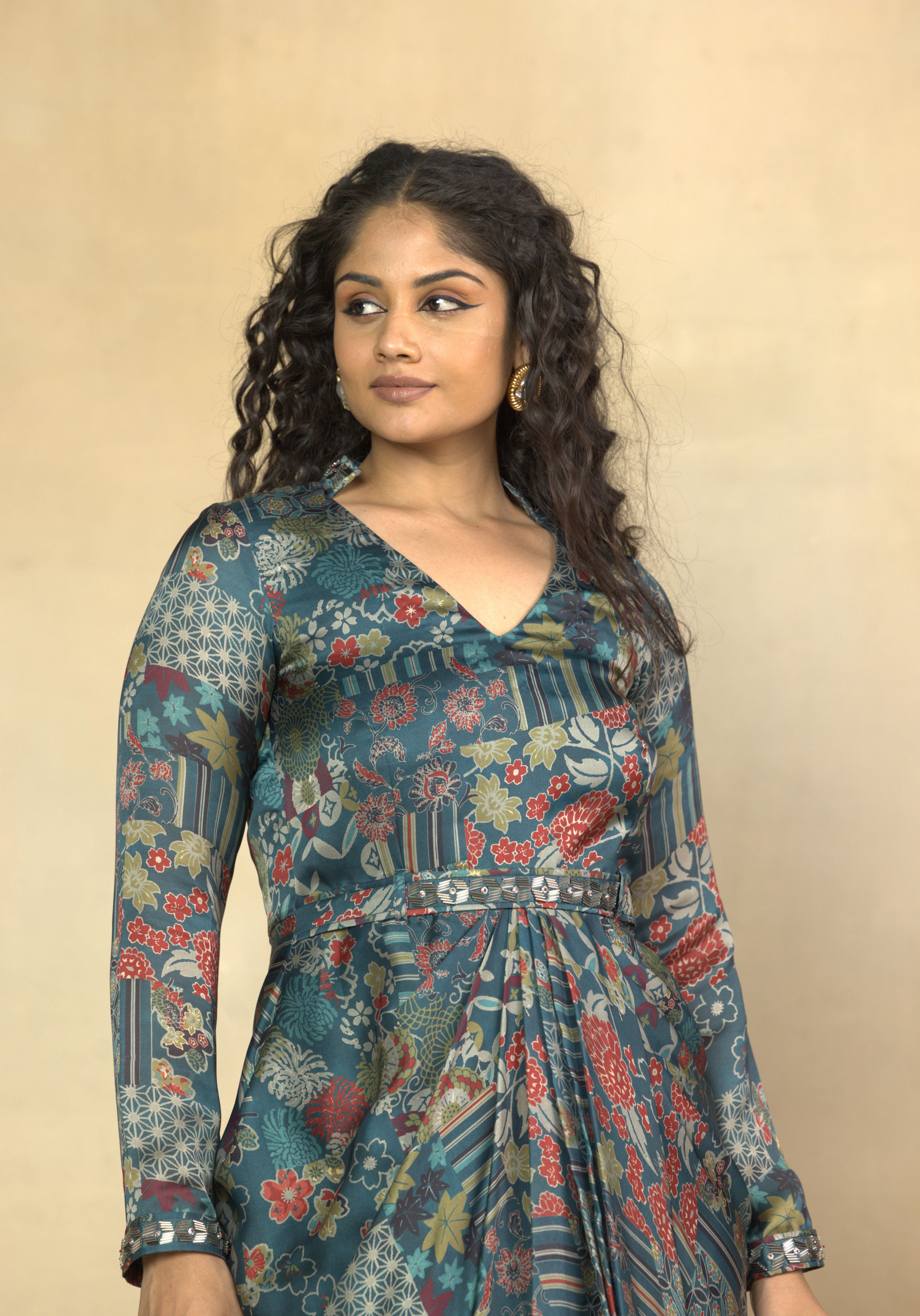 Mesmerising Green Printed Ankle Length Dress