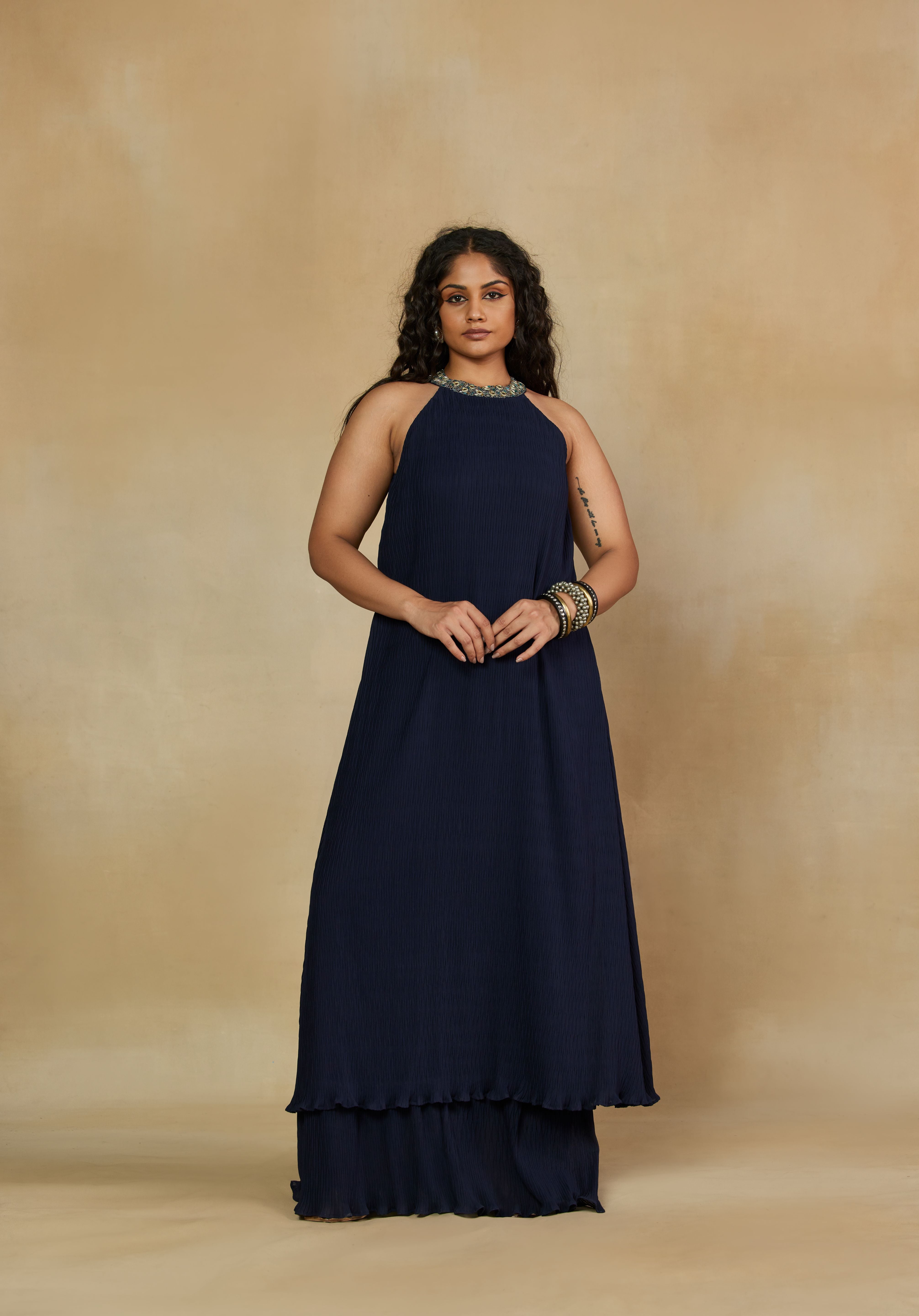 Refined Halter-Neck Two Tier Blue Dress