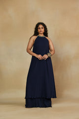Refined Halter-Neck Two Tier Blue Dress