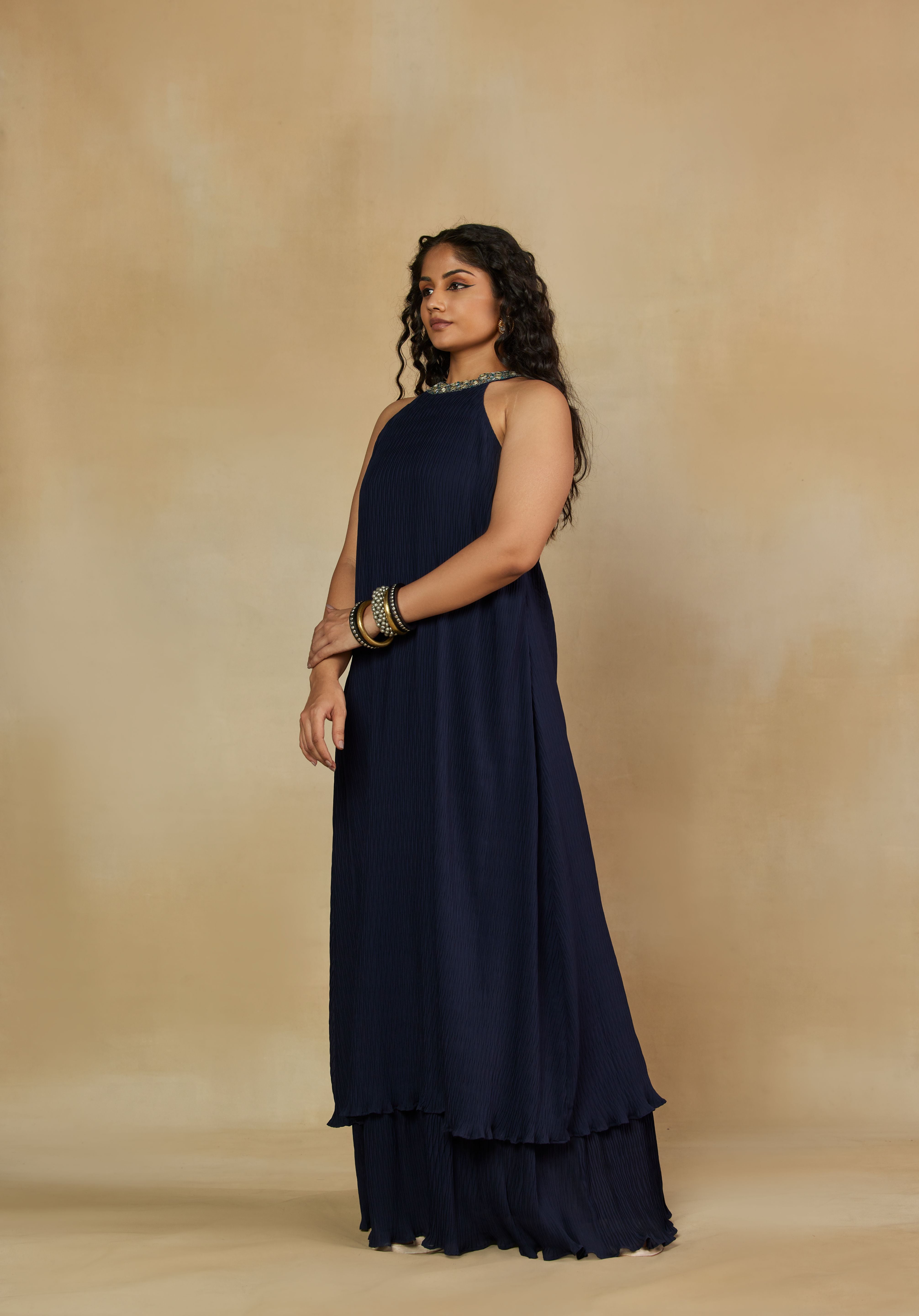 Refined Halter-Neck Two Tier Blue Dress