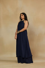 Refined Halter-Neck Two Tier Blue Dress