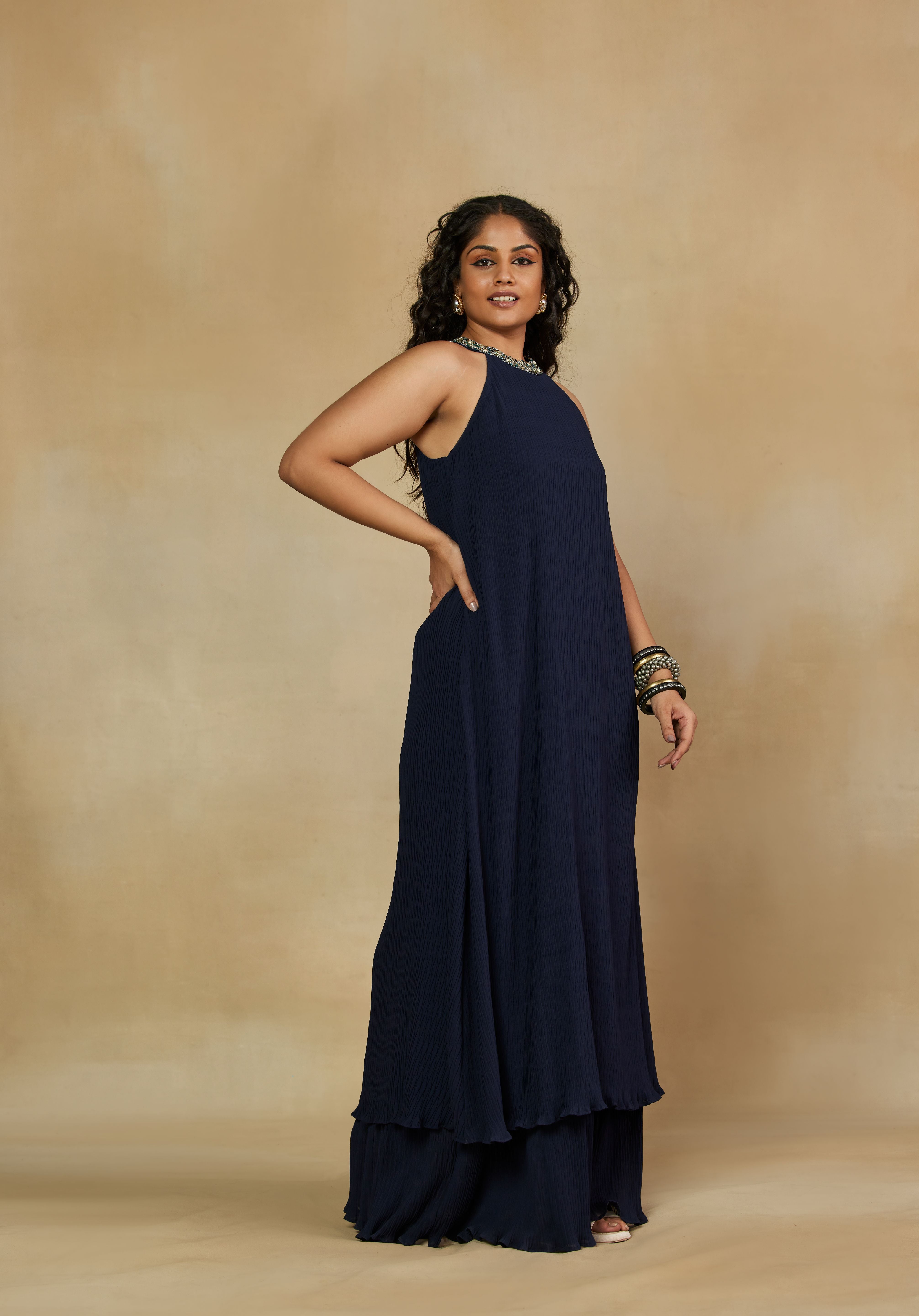 Refined Halter-Neck Two Tier Blue Dress