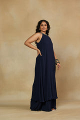 Refined Halter-Neck Two Tier Blue Dress