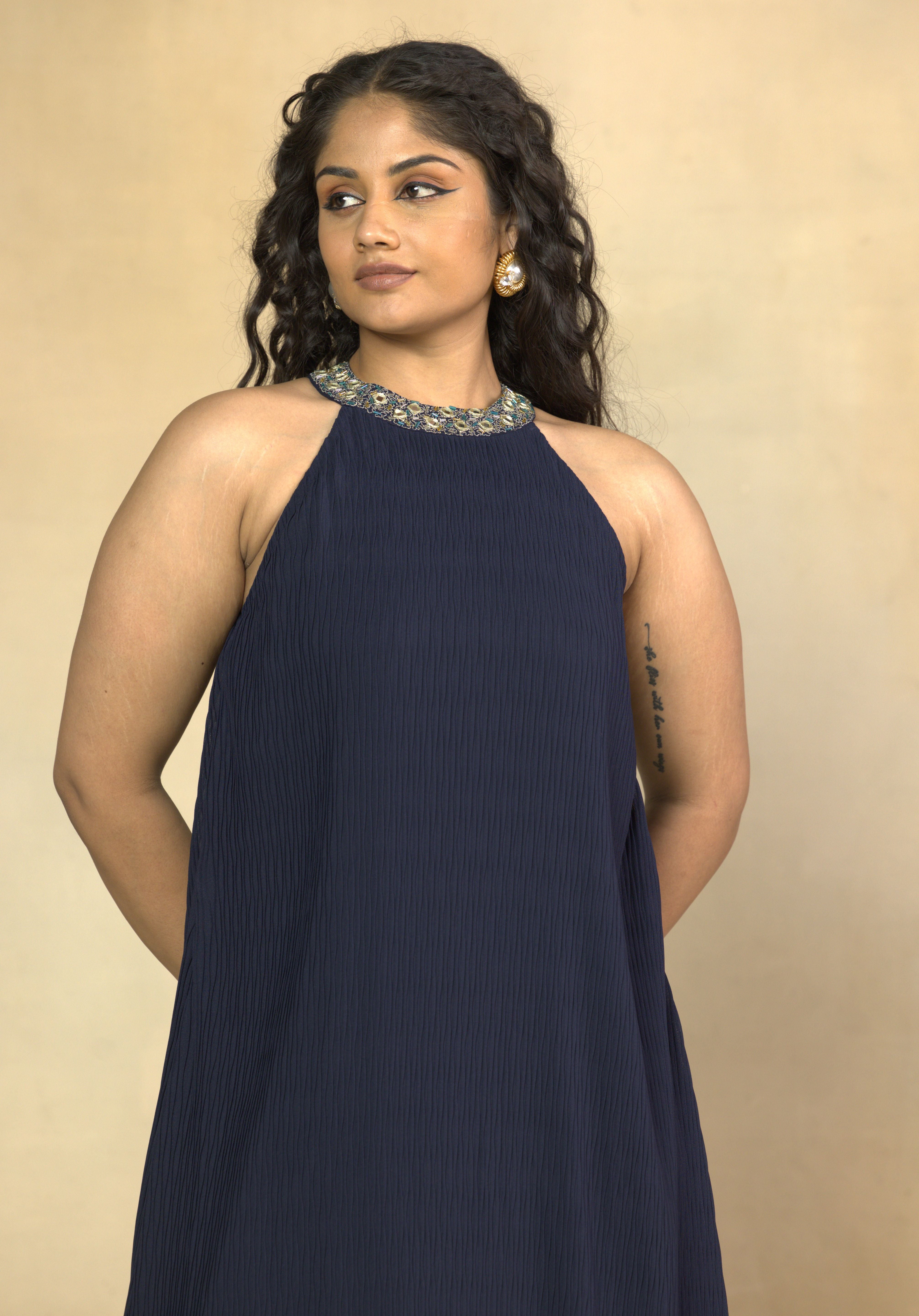 Refined Halter-Neck Two Tier Blue Dress