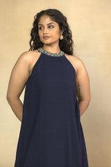 Refined Halter-Neck Two Tier Blue Dress