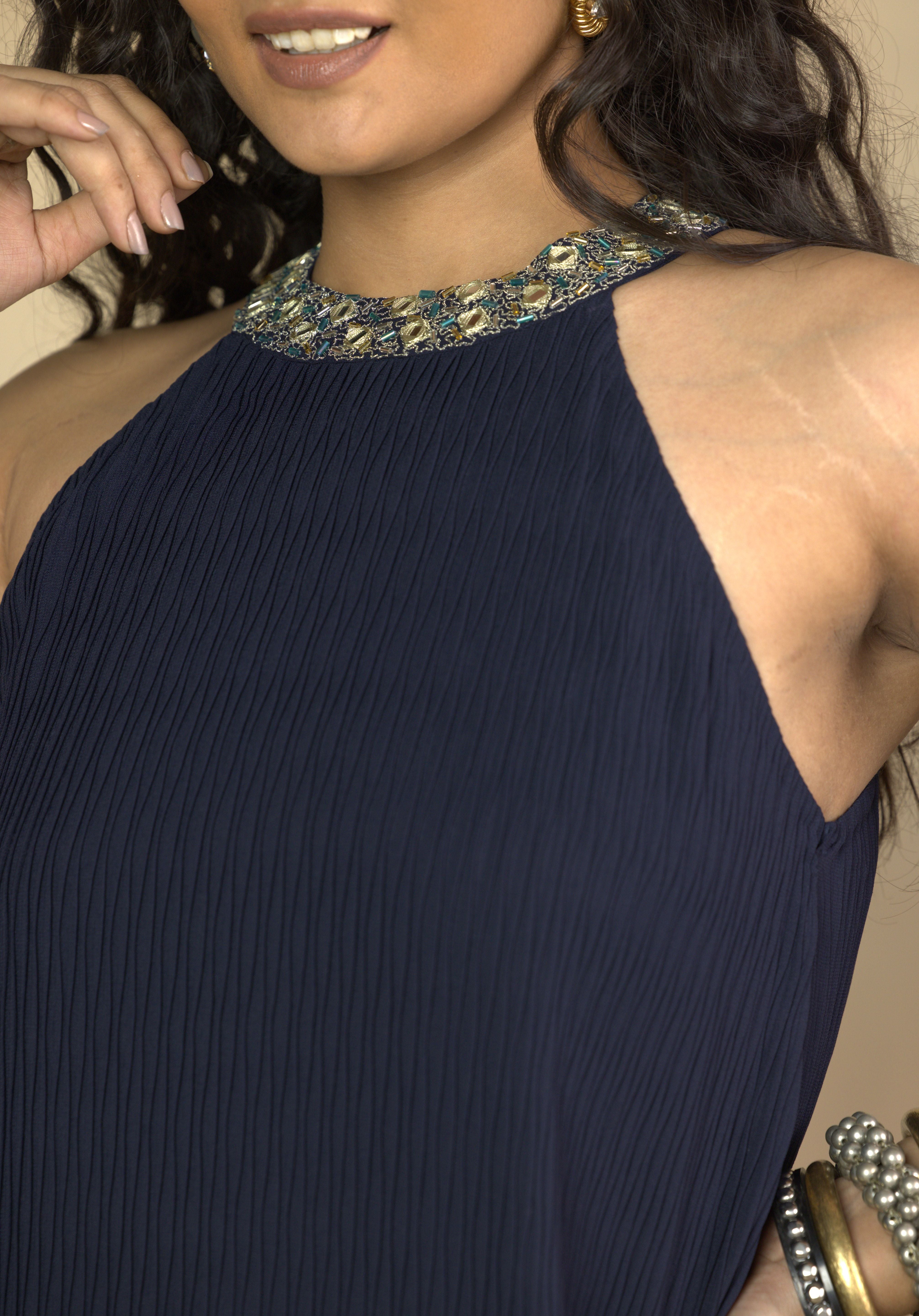 Refined Halter-Neck Two Tier Blue Dress