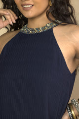 Refined Halter-Neck Two Tier Blue Dress