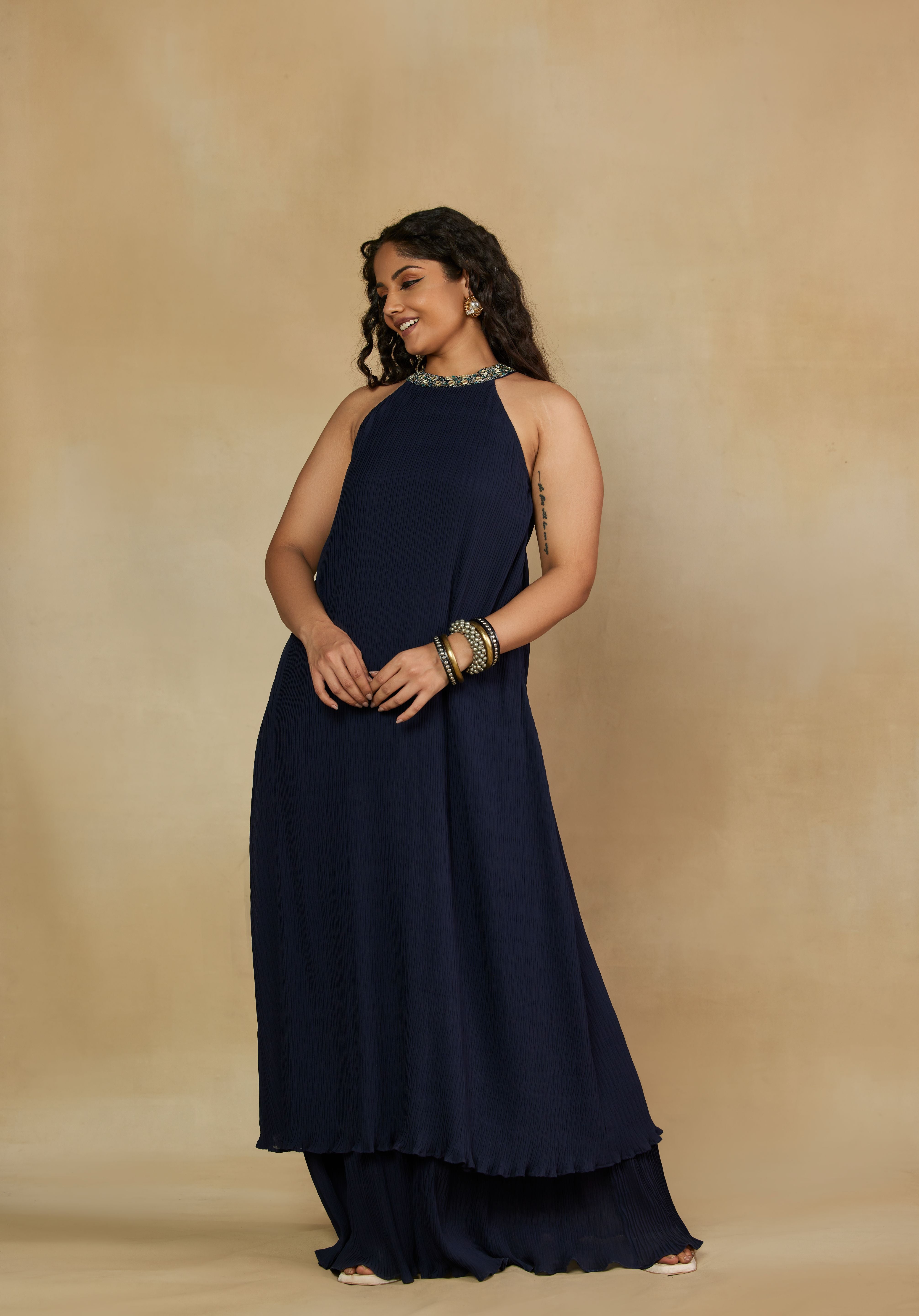 Refined Halter-Neck Two Tier Blue Dress