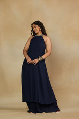 Refined Halter-Neck Two Tier Blue Dress