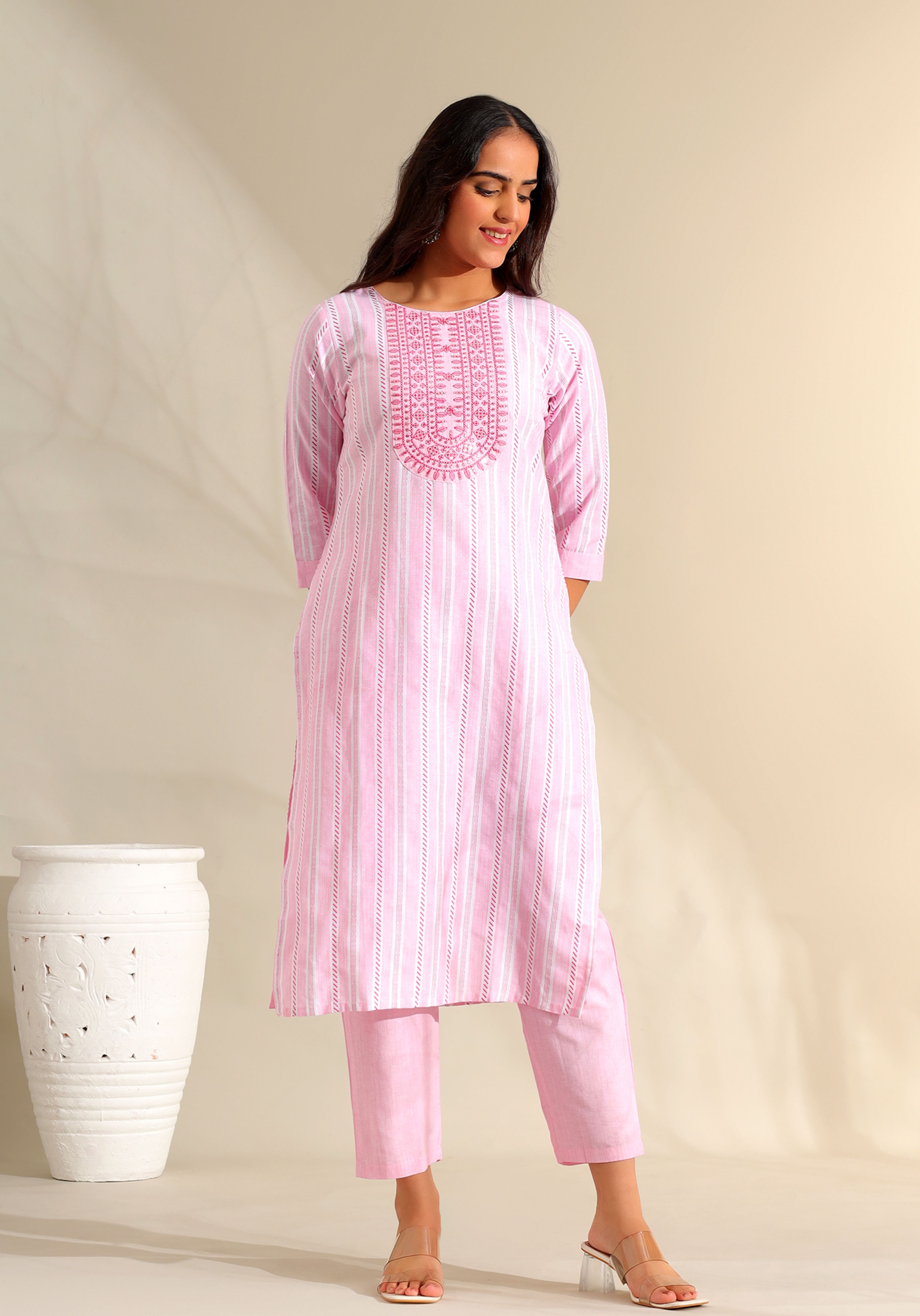 Ananya Pink Zari Stripe Kurta-Set