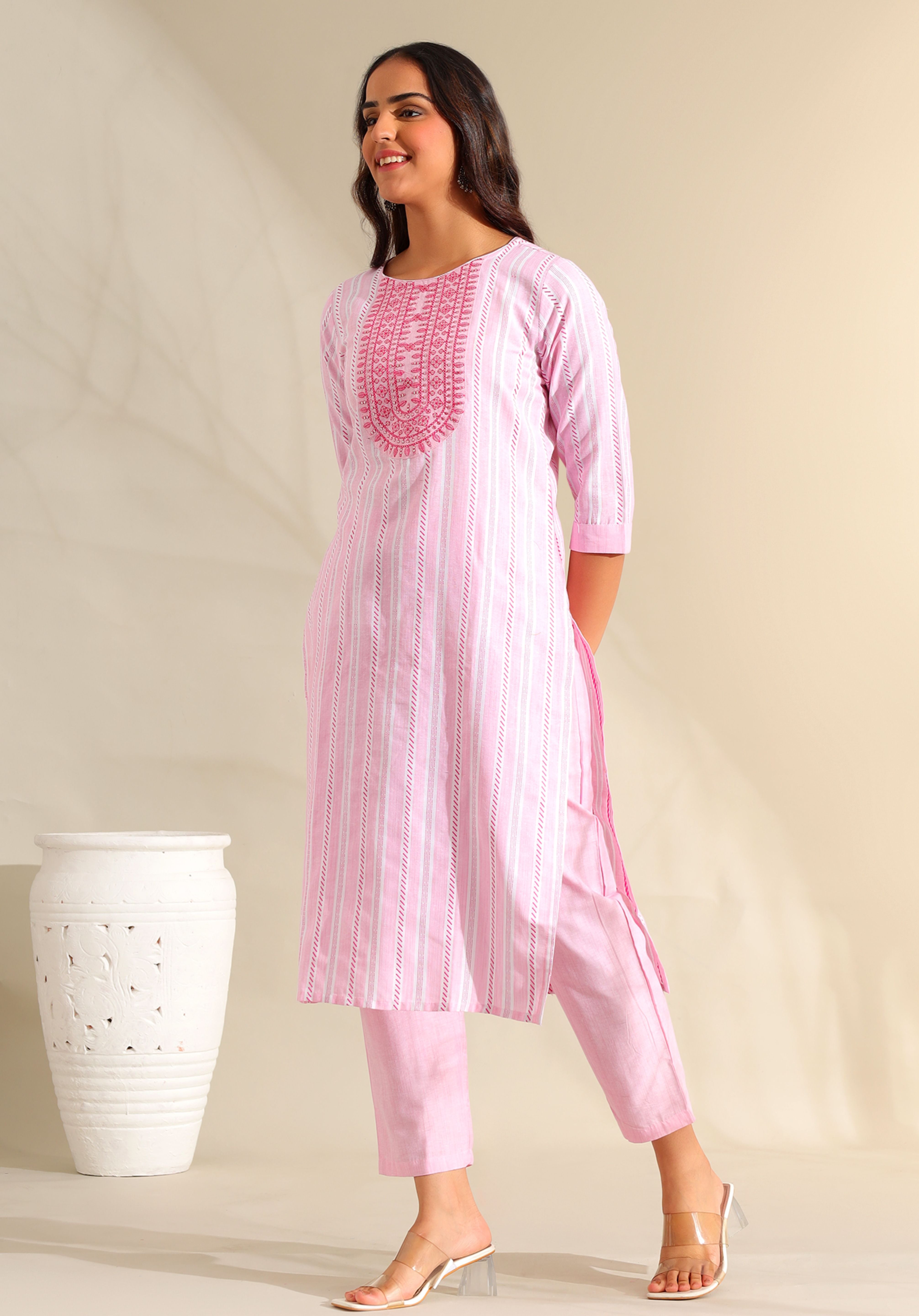 Ananya Pink Zari Stripe Kurta-Set