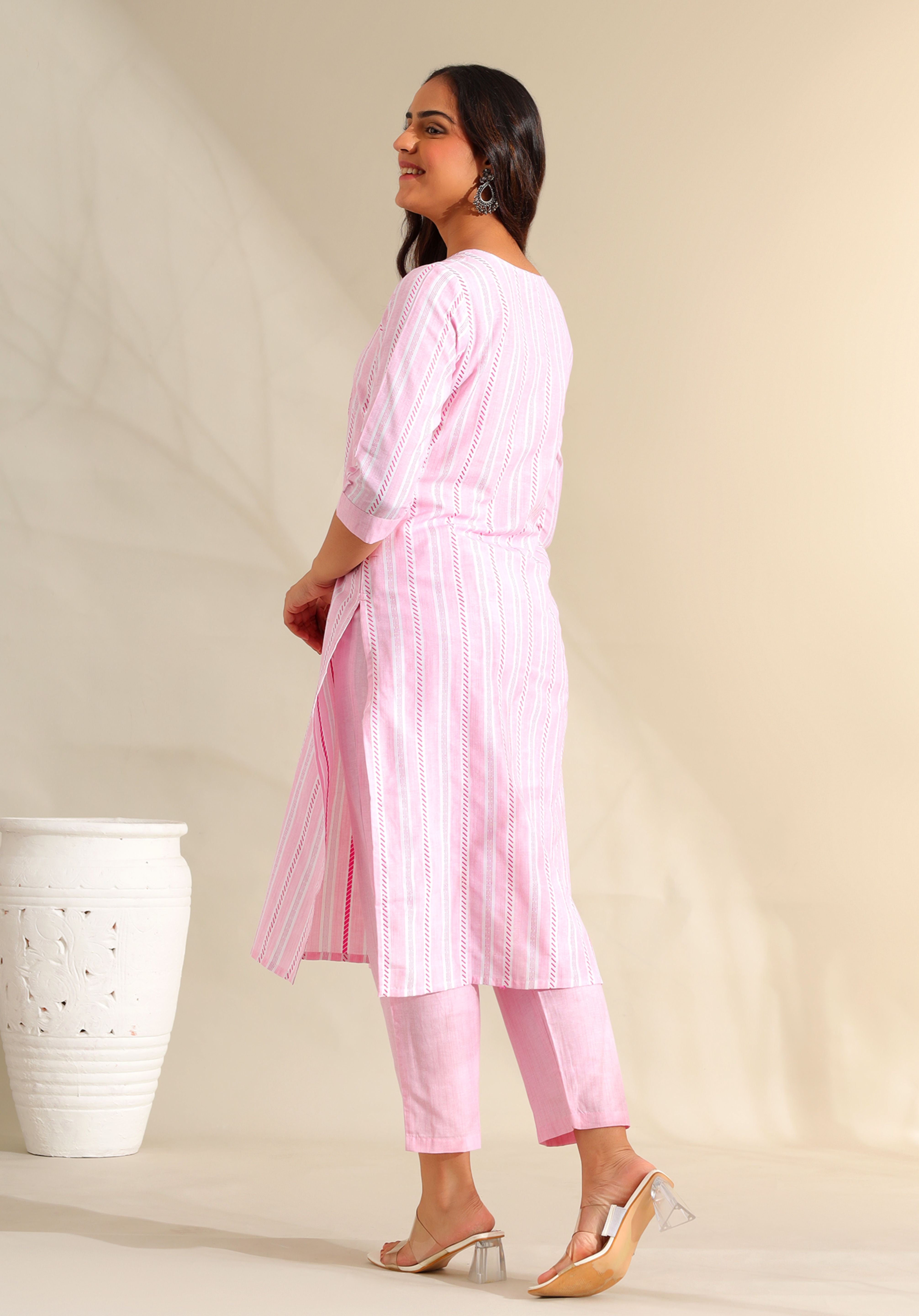 Ananya Pink Zari Stripe Kurta-Set