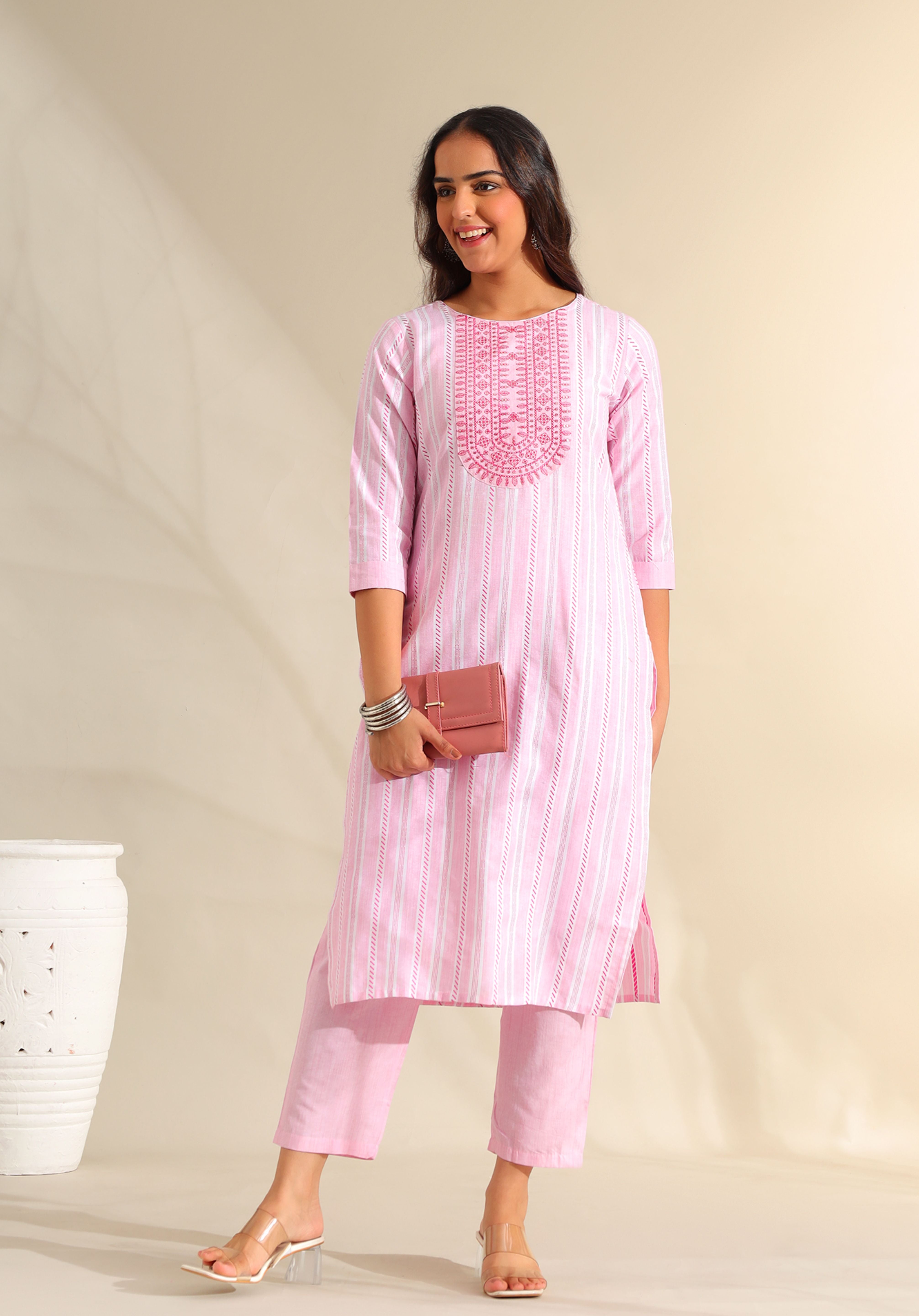 Ananya Pink Zari Stripe Kurta-Set