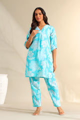 Ojasvi Aqua Botanical Kurta Set