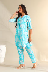 Ojasvi Aqua Botanical Kurta Set