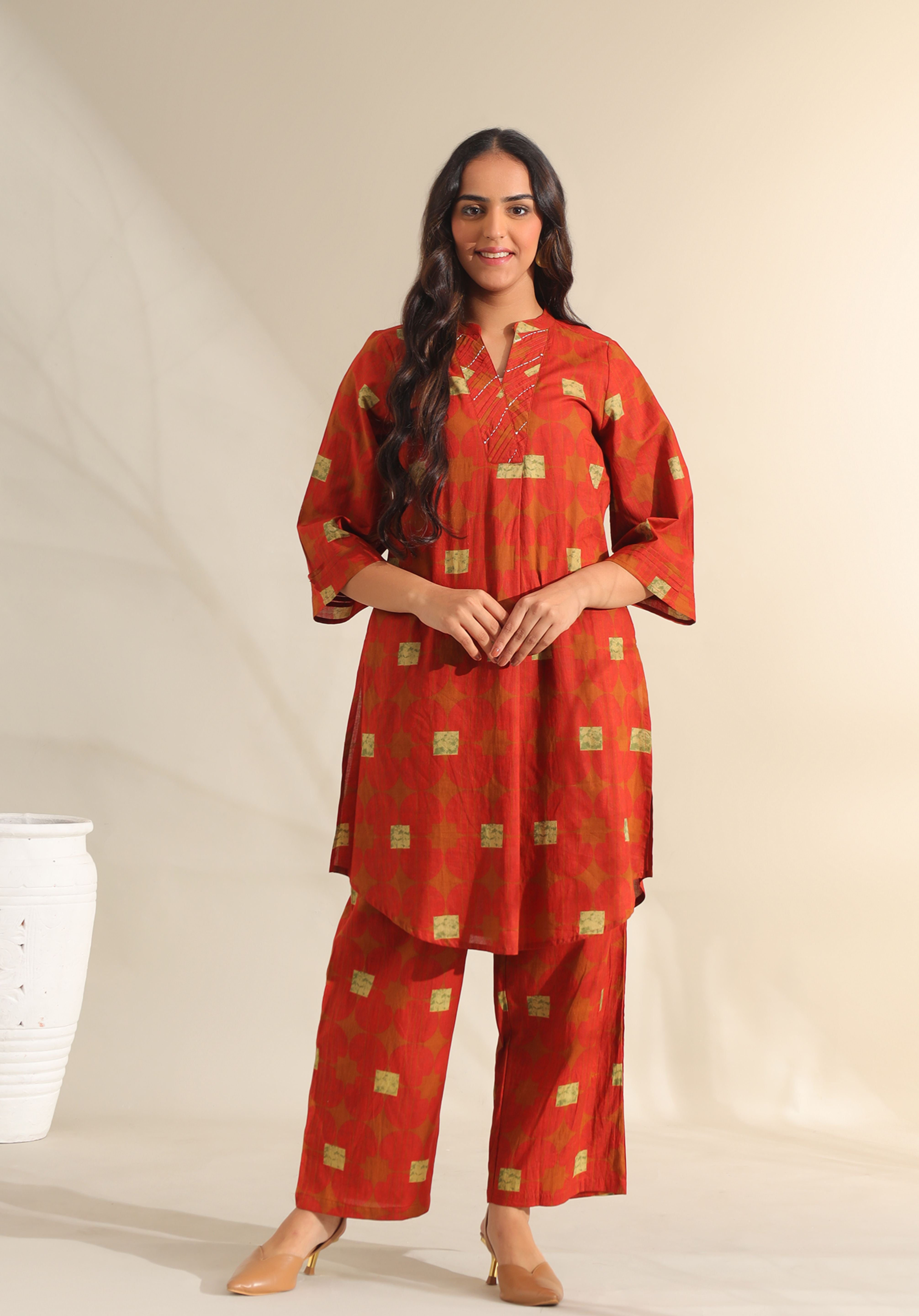 Reva Rust Geometric Kurta Set