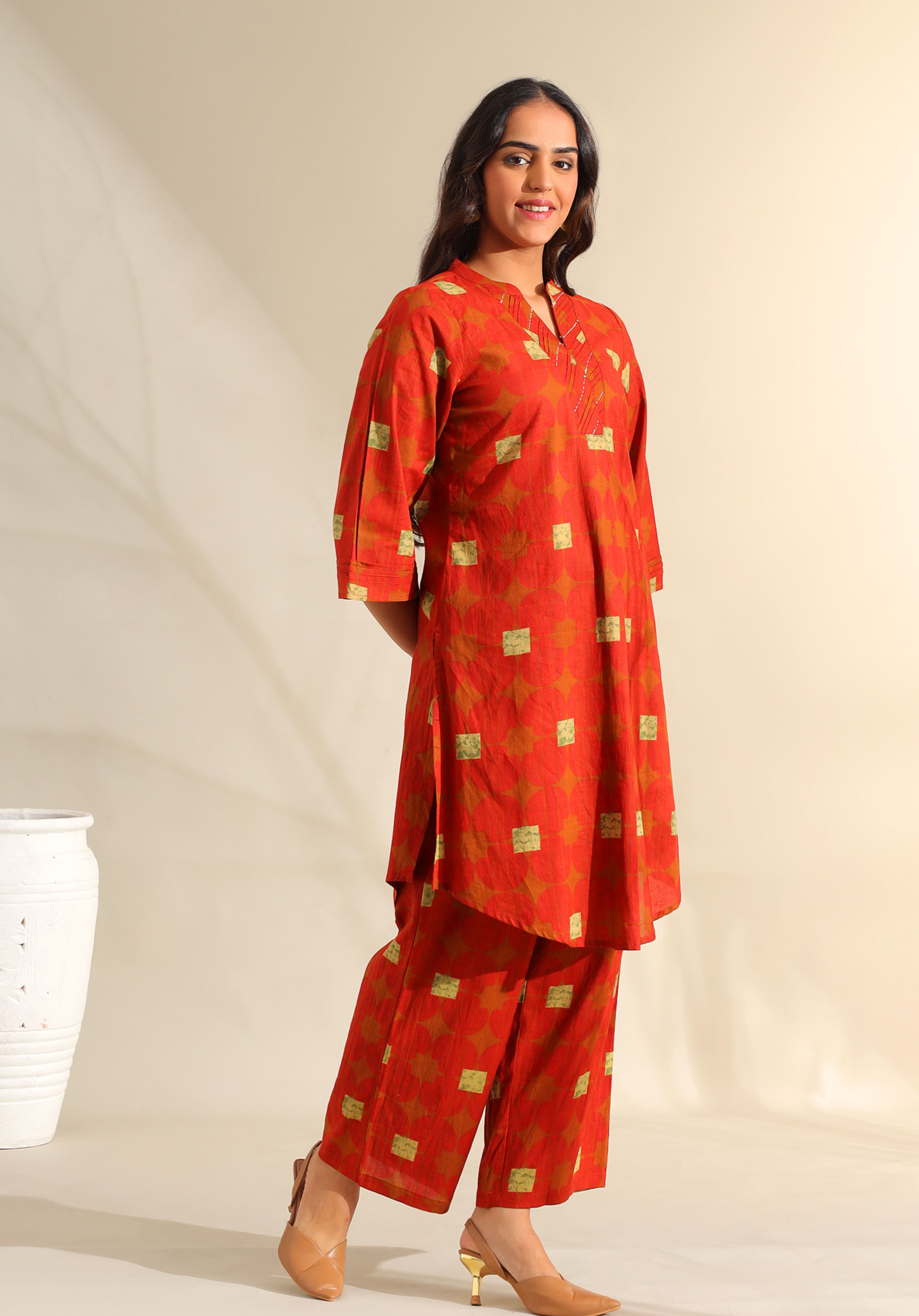 Reva Rust Geometric Kurta Set