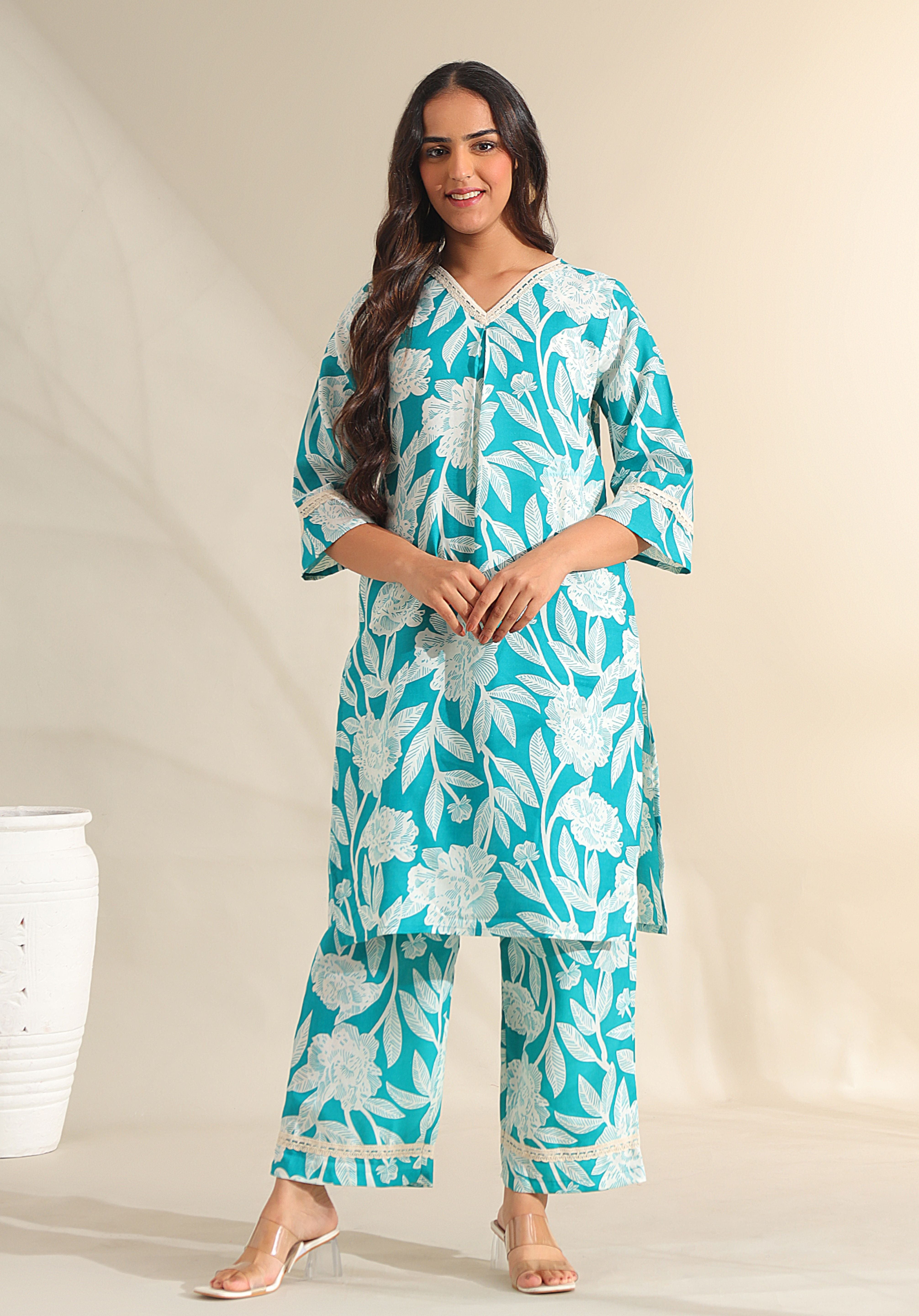 Kavya Deep Sea Floral Kurta Set