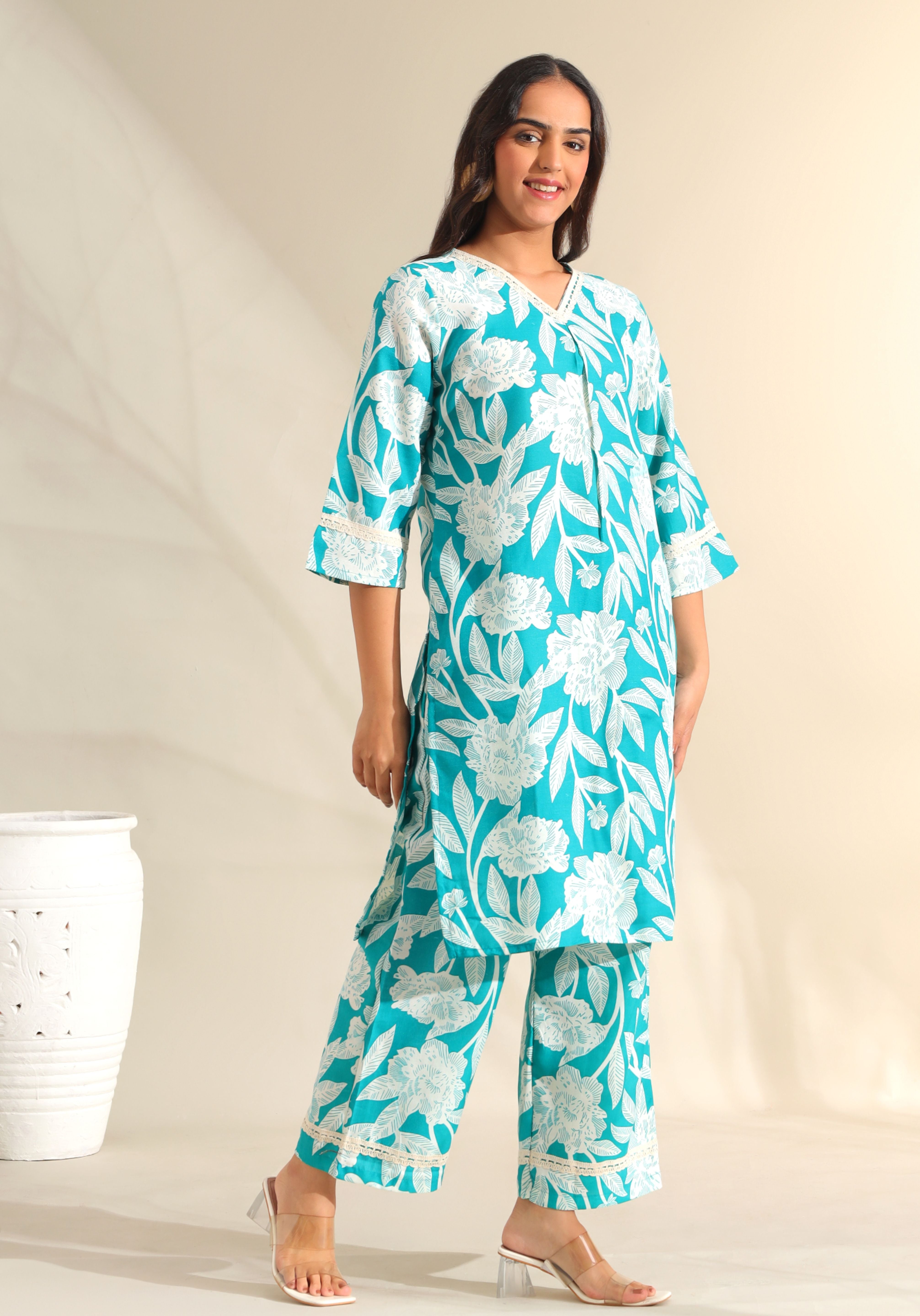 Kavya Deep Sea Floral Kurta Set