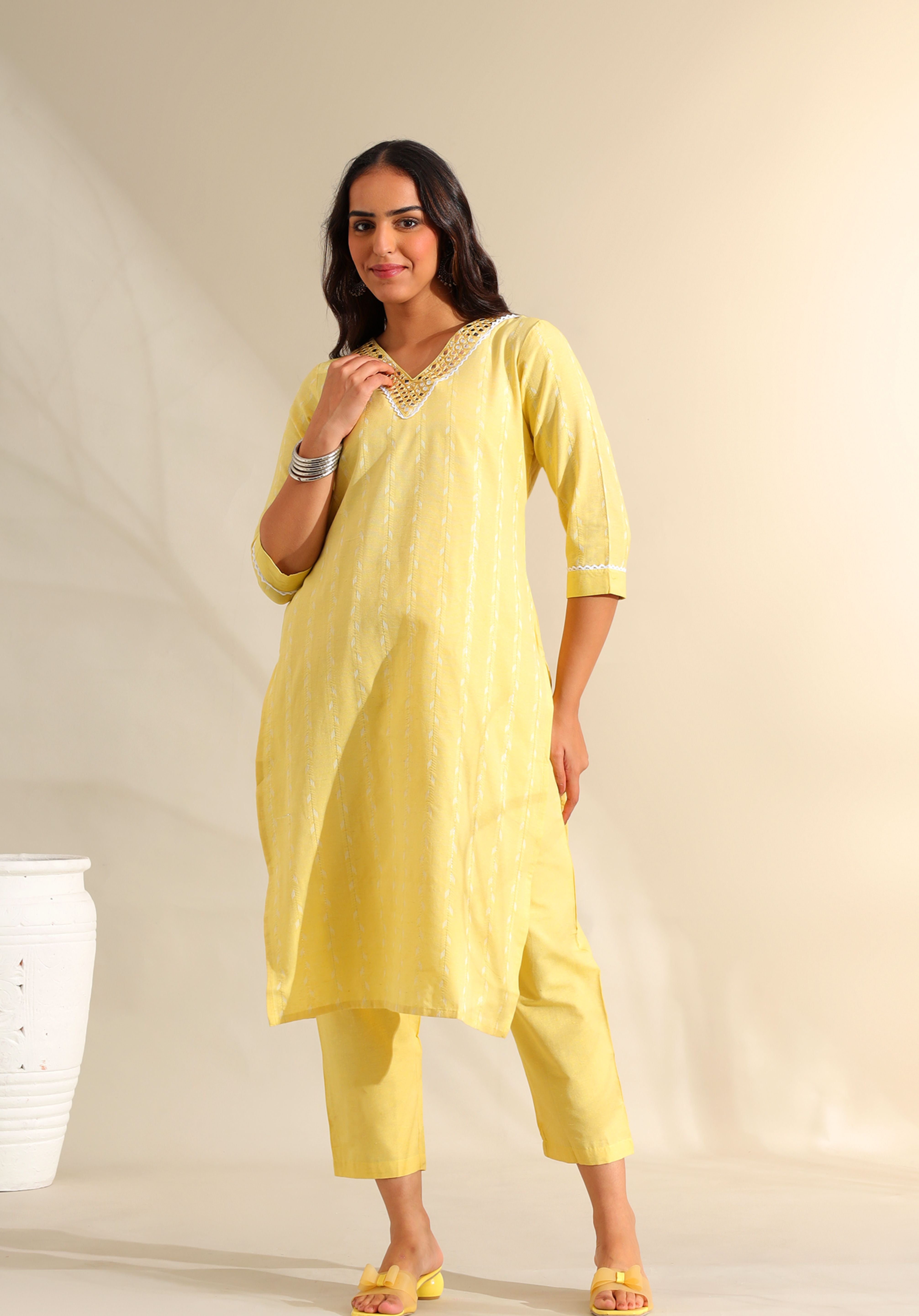 Zoya Lemon Zari Stripe Kurta-Set