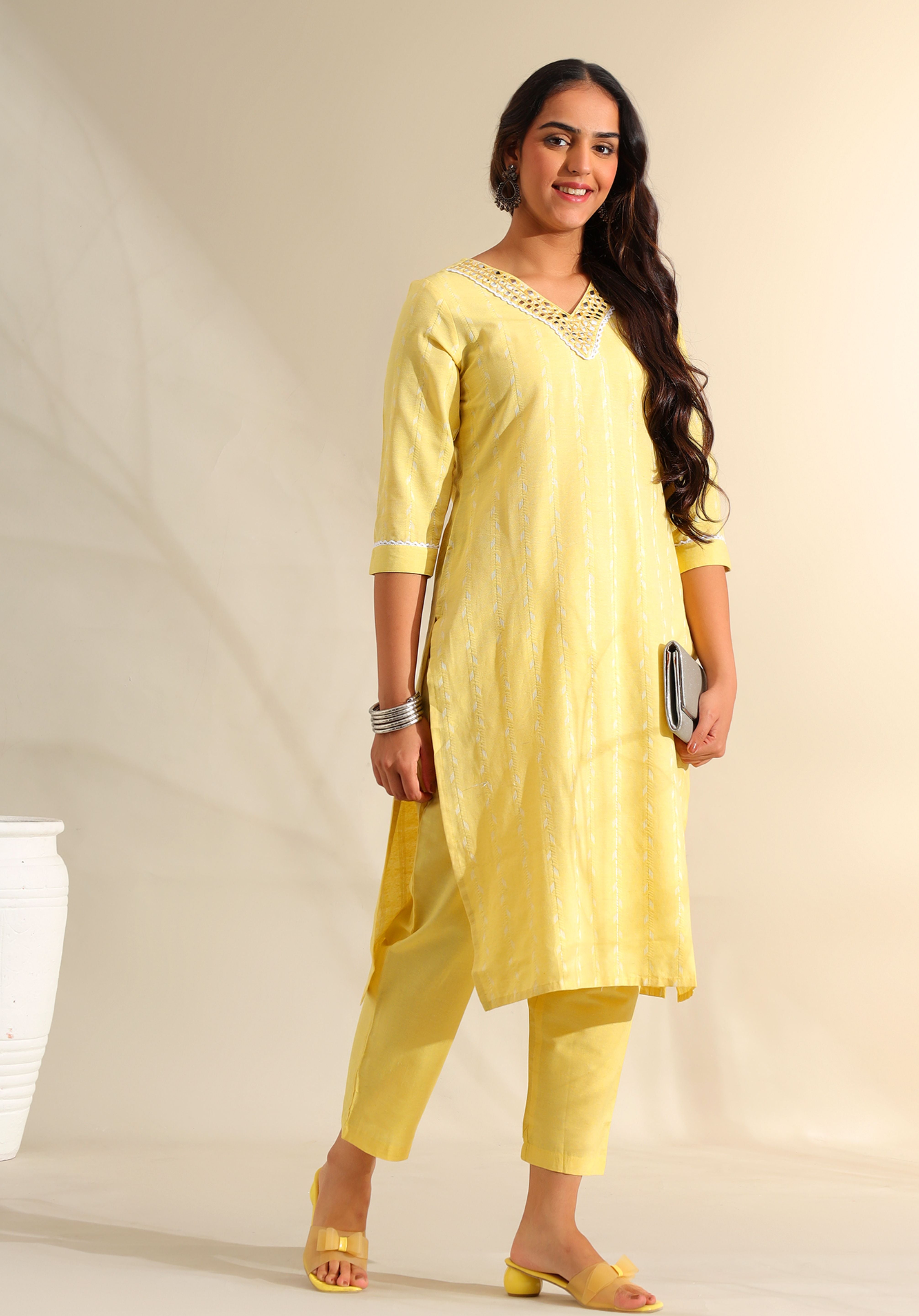 Zoya Lemon Zari Stripe Kurta-Set