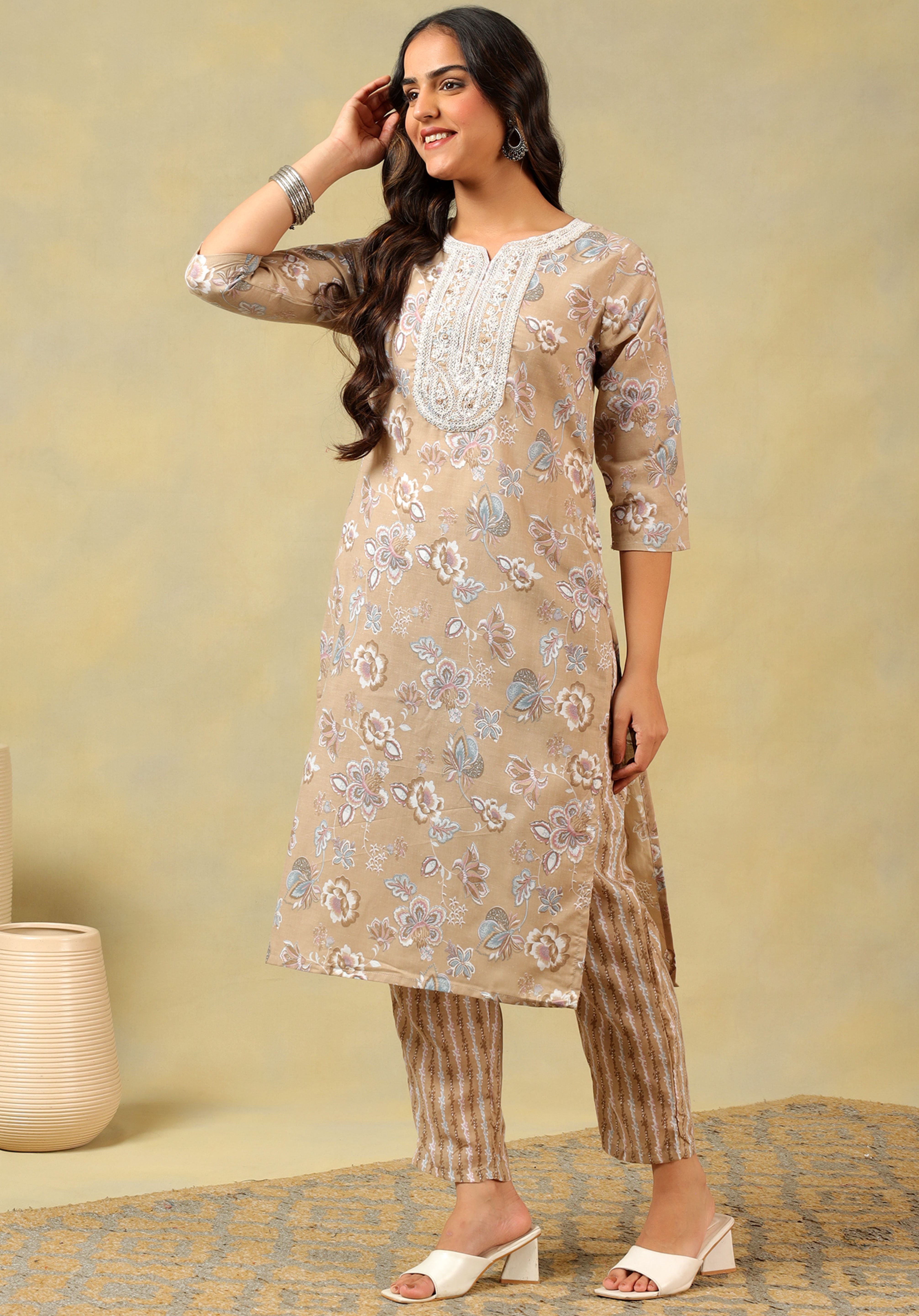 Aradhya Taupe Floral Suit Set