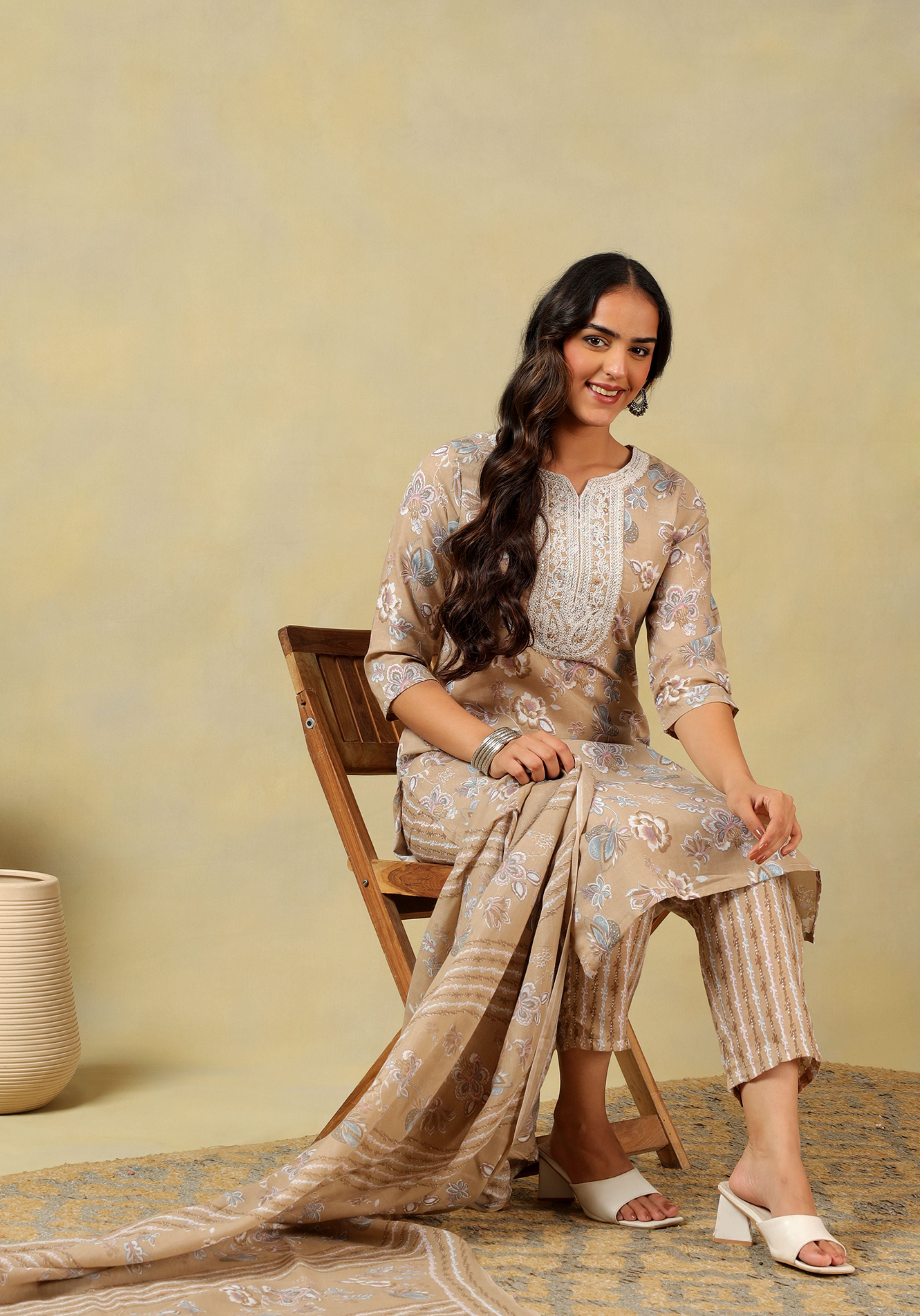 Aradhya Taupe Floral Suit Set