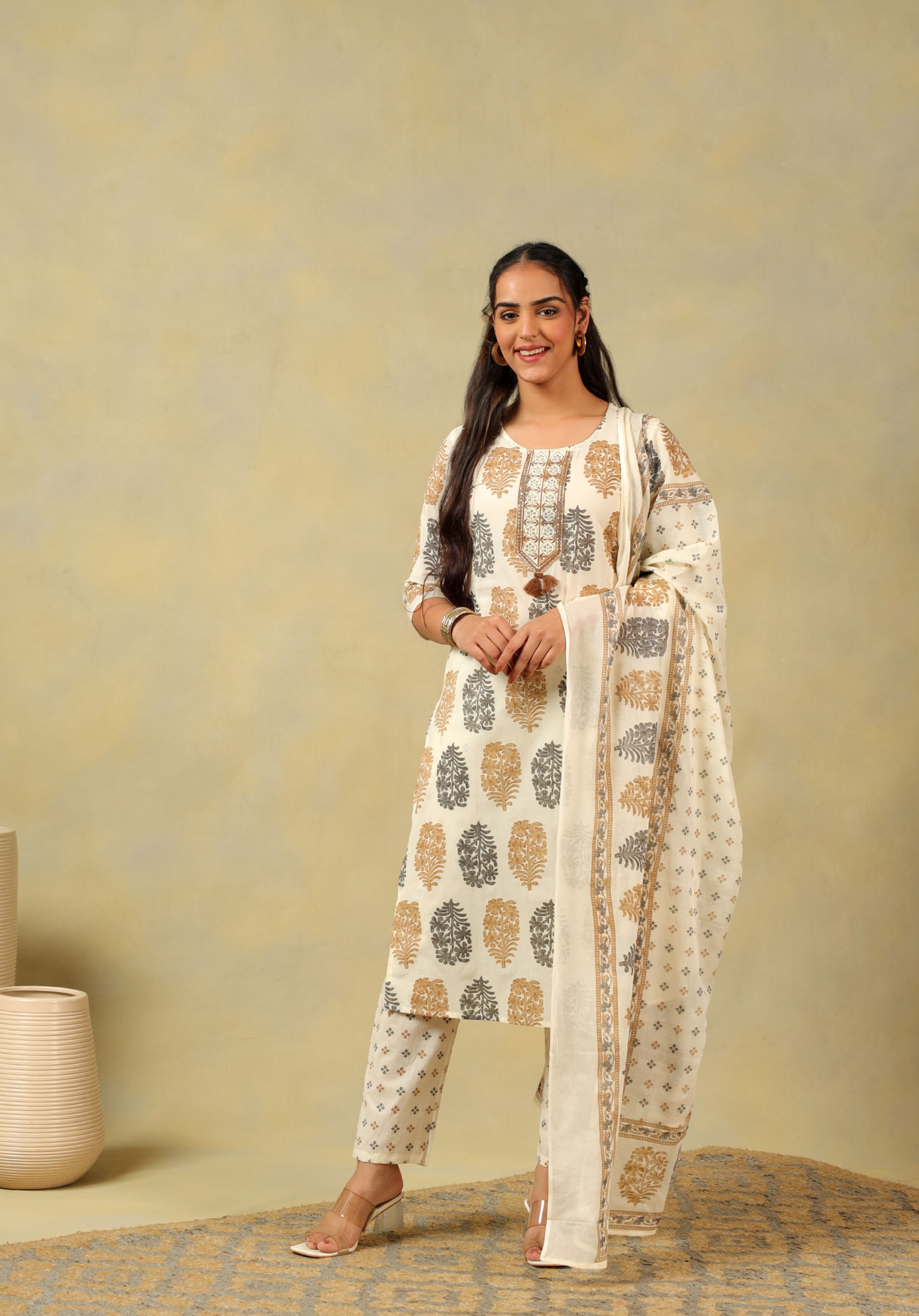 Mihika Pine & Ochre Block Print Suit Set