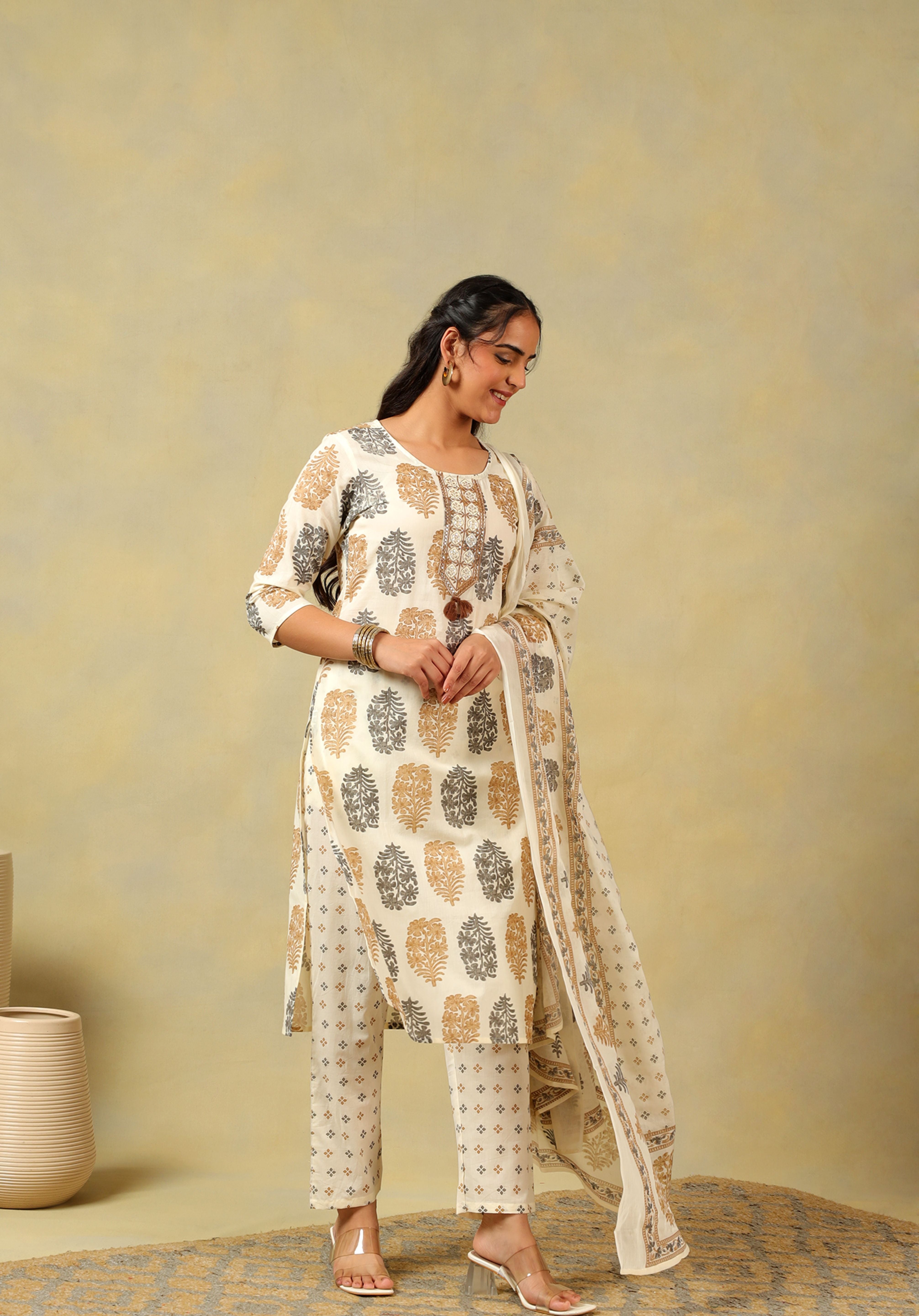 Mihika Pine & Ochre Block Print Suit Set