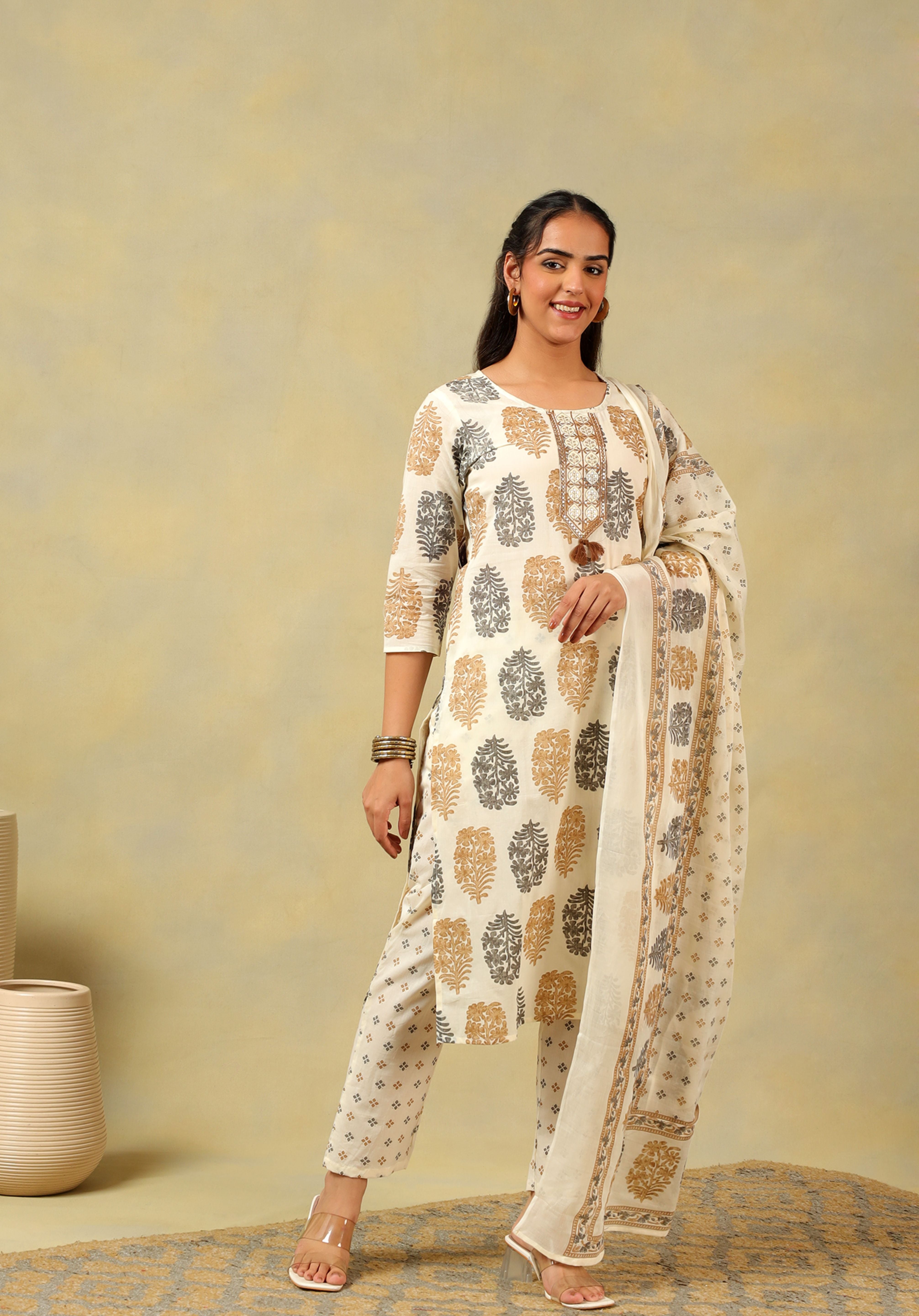 Mihika Pine & Ochre Block Print Suit Set